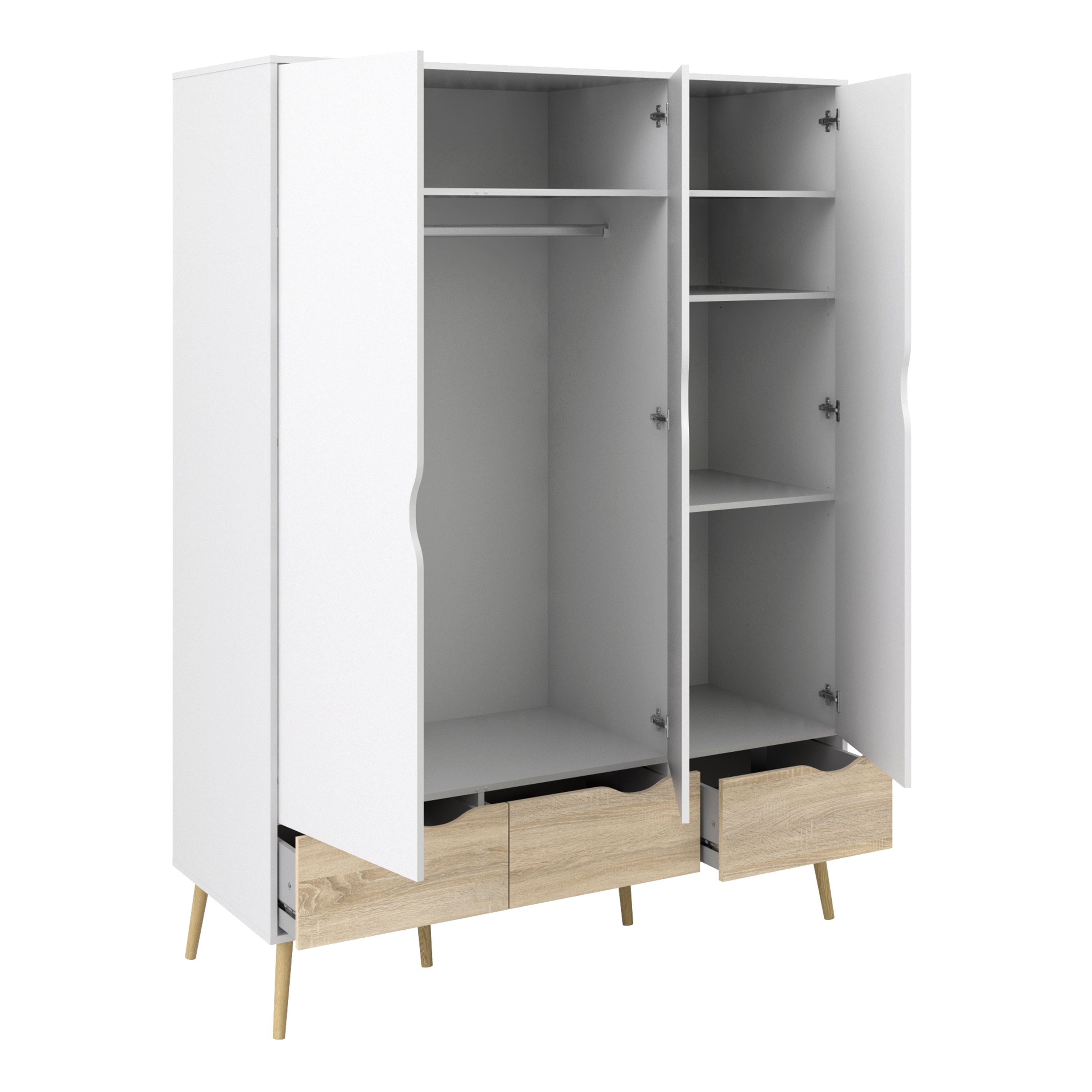 Oslo Package - Bedside 1 Drawer + Chest of 5 Drawers (2+3) + Wardrobe 3 Doors 3 Drawers in White and Oak – FTG, view 9