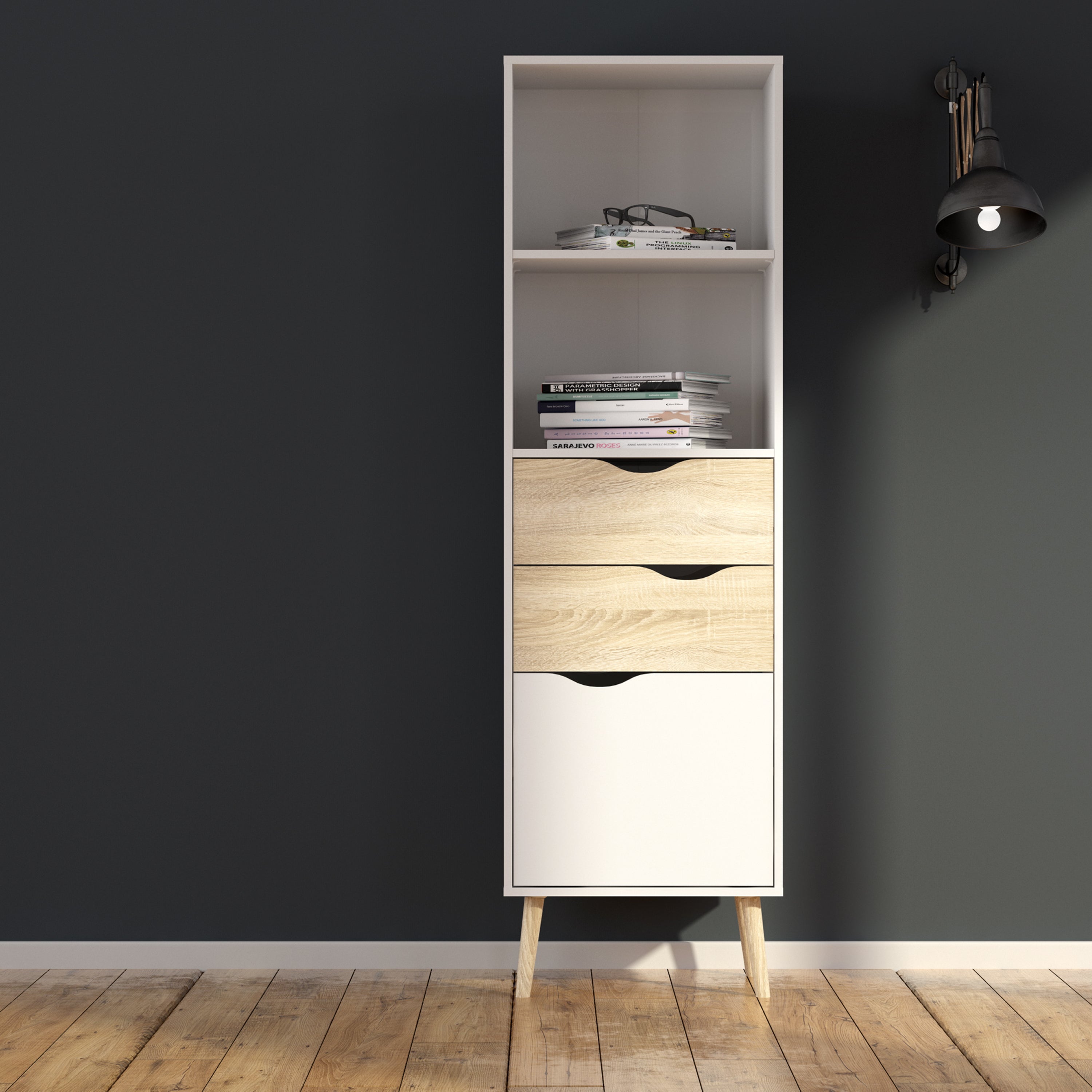 Oslo Bookcase 2 Drawers 1 Door in White and Oak – FTG, view 5
