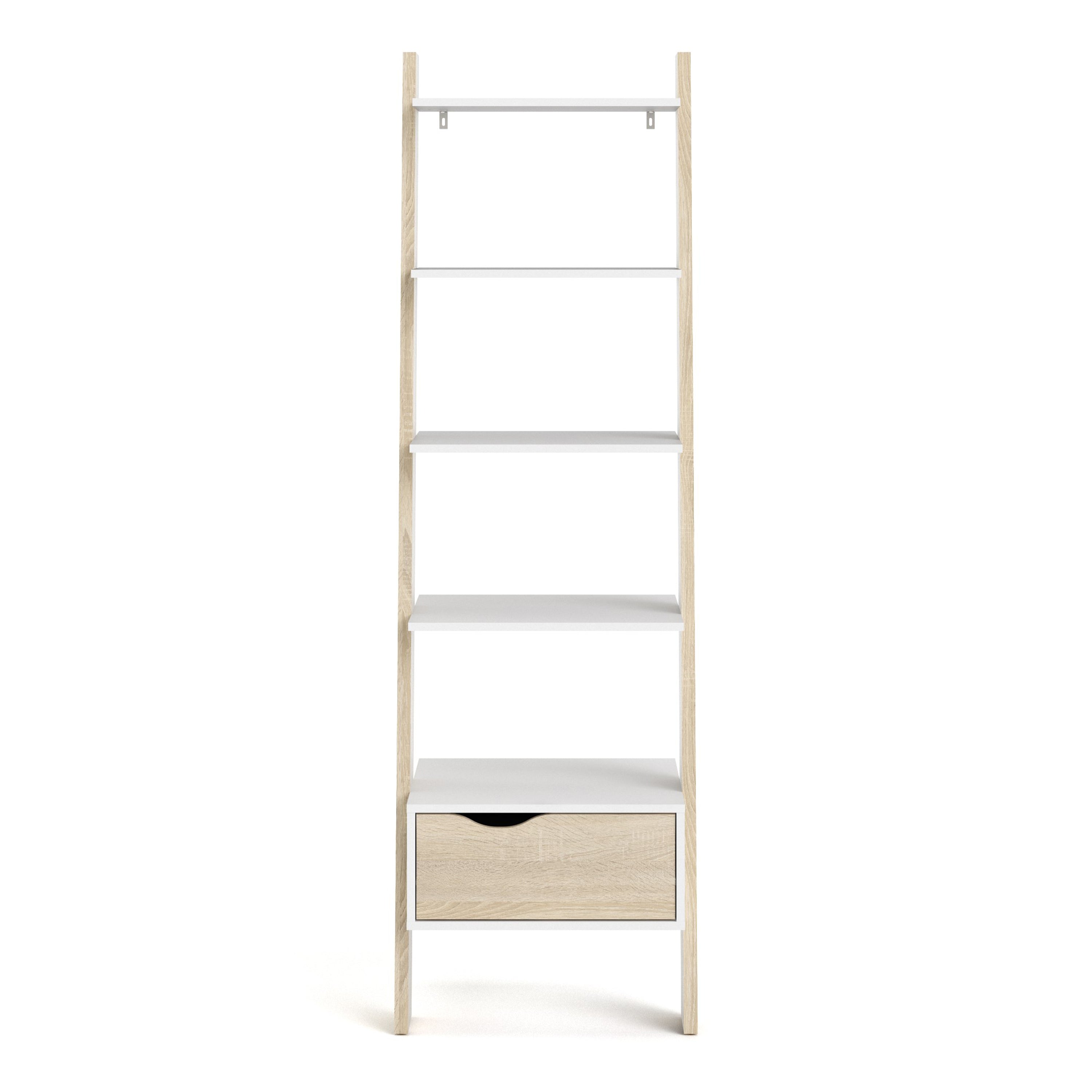 Oslo Leaning Bookcase 1 Drawer in White and Oak – FTG, view 2