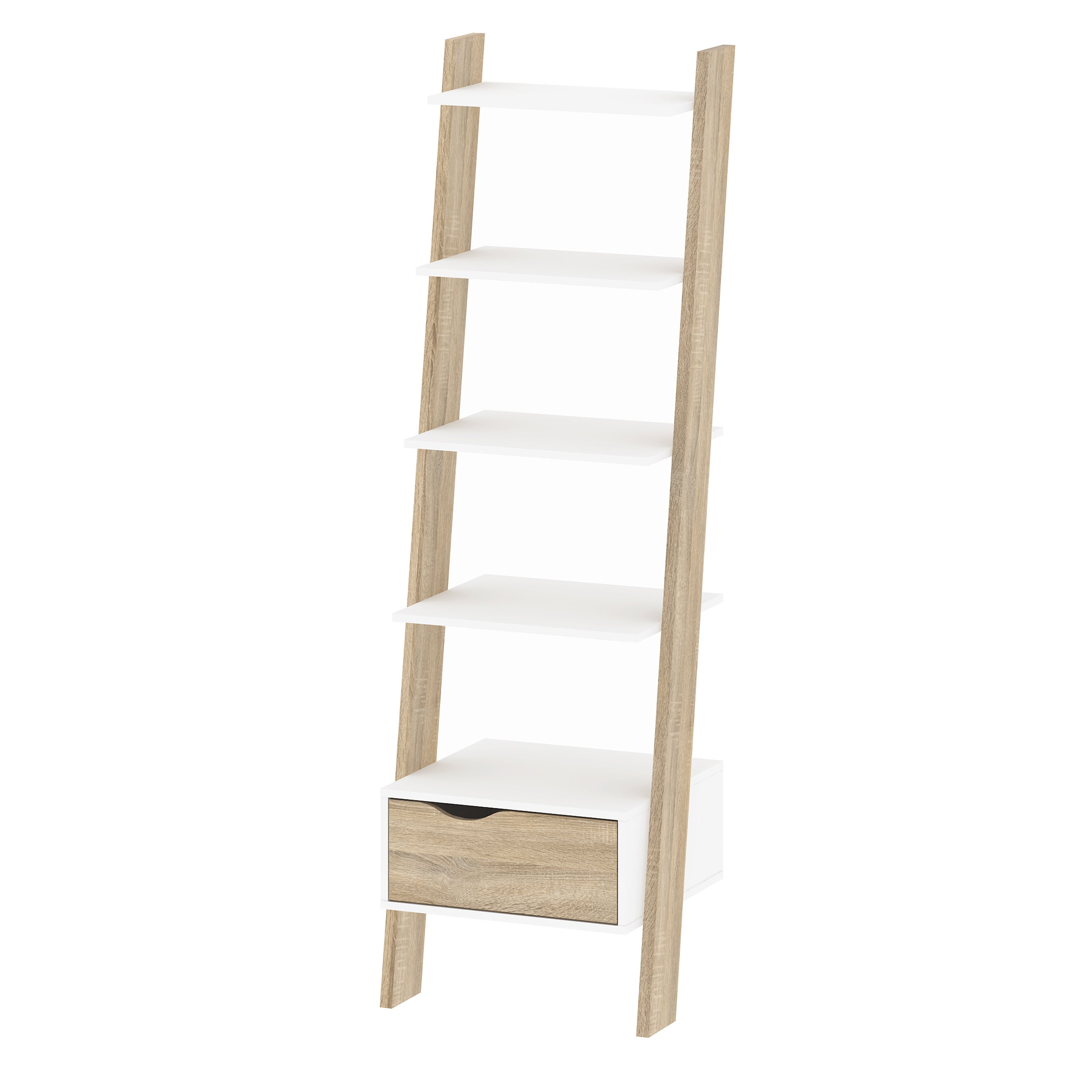 Oslo Leaning Bookcase 1 Drawer in White and Oak – FTG, view 3