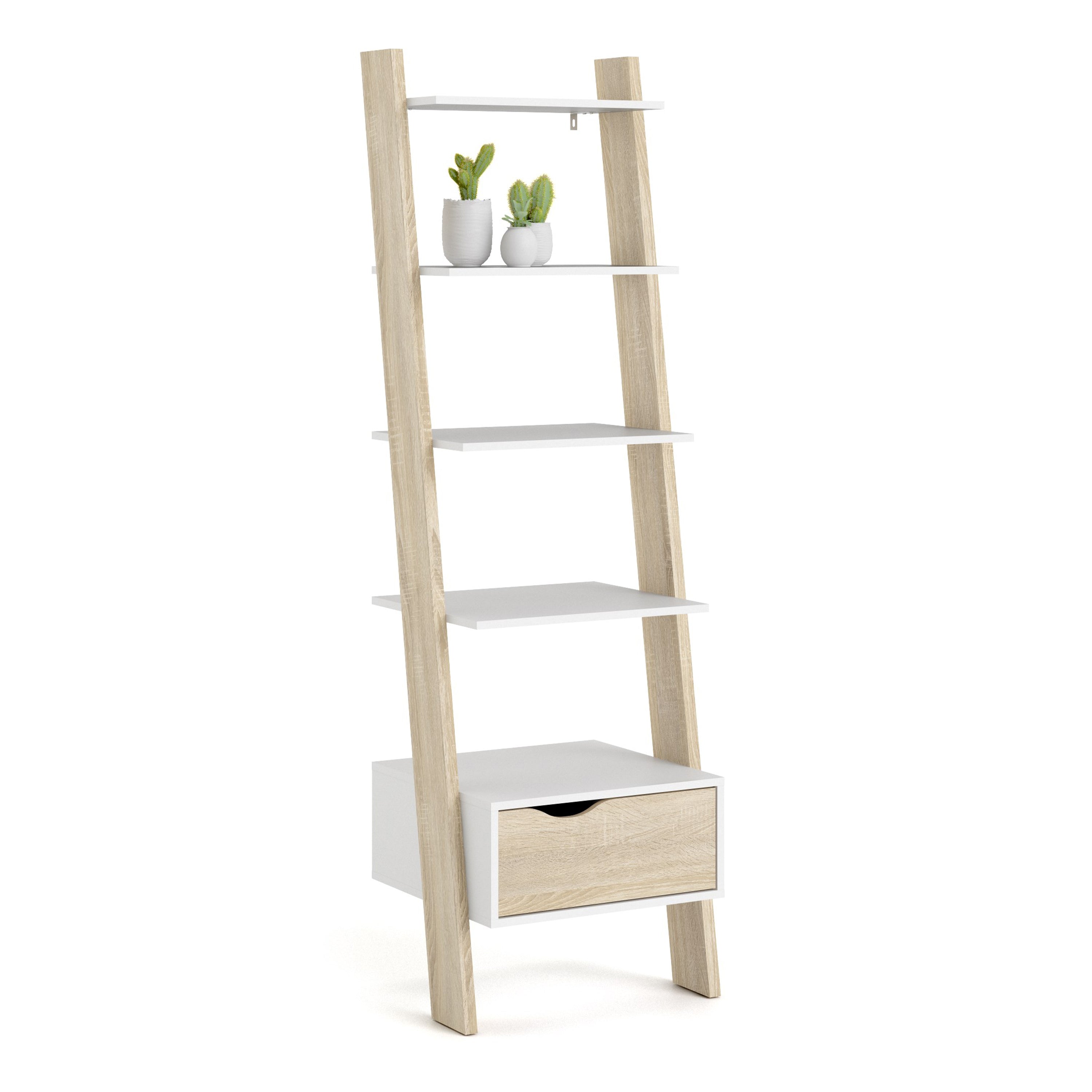 Oslo Leaning Bookcase 1 Drawer in White and Oak – FTG, view 4