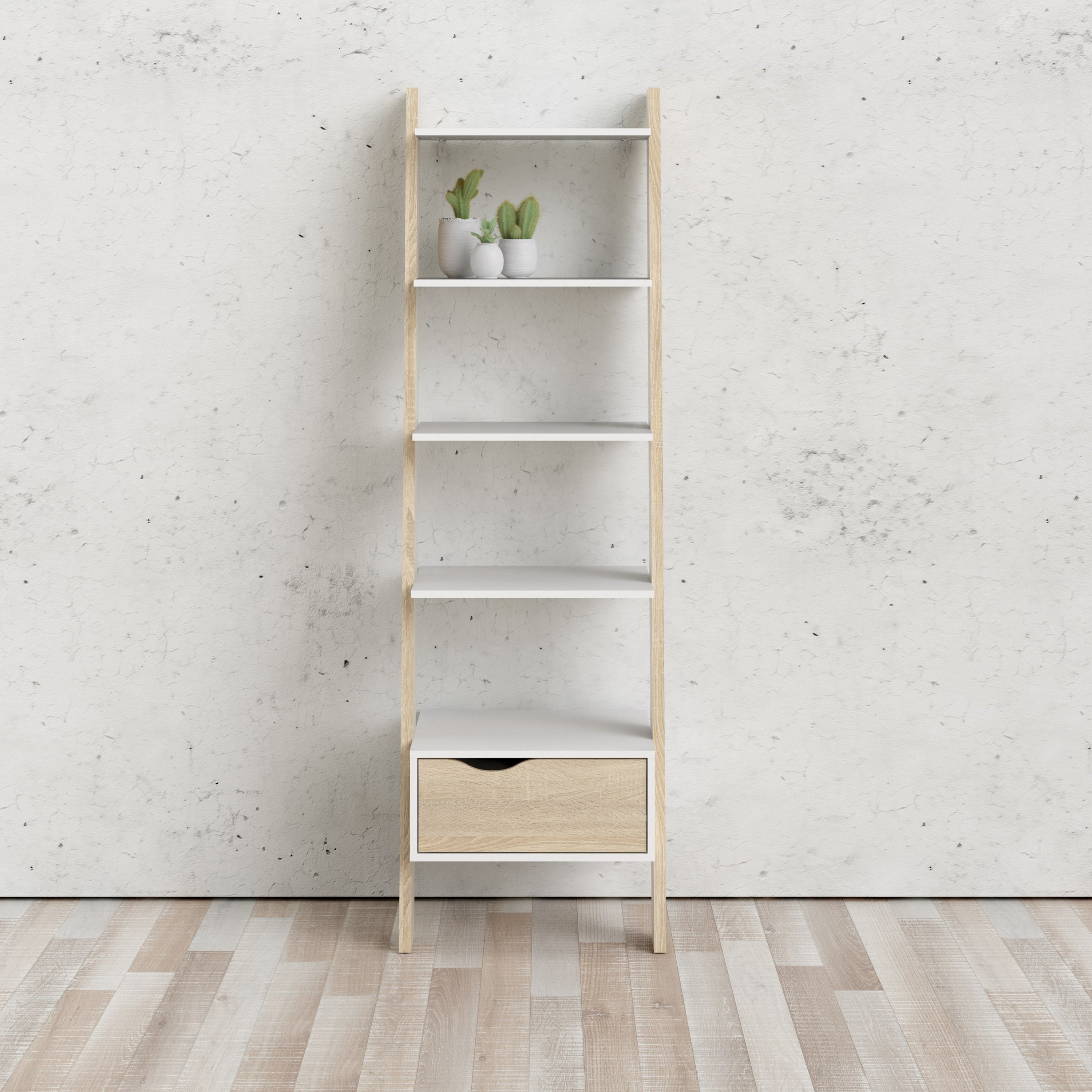 Oslo Leaning Bookcase 1 Drawer in White and Oak – FTG, view 5