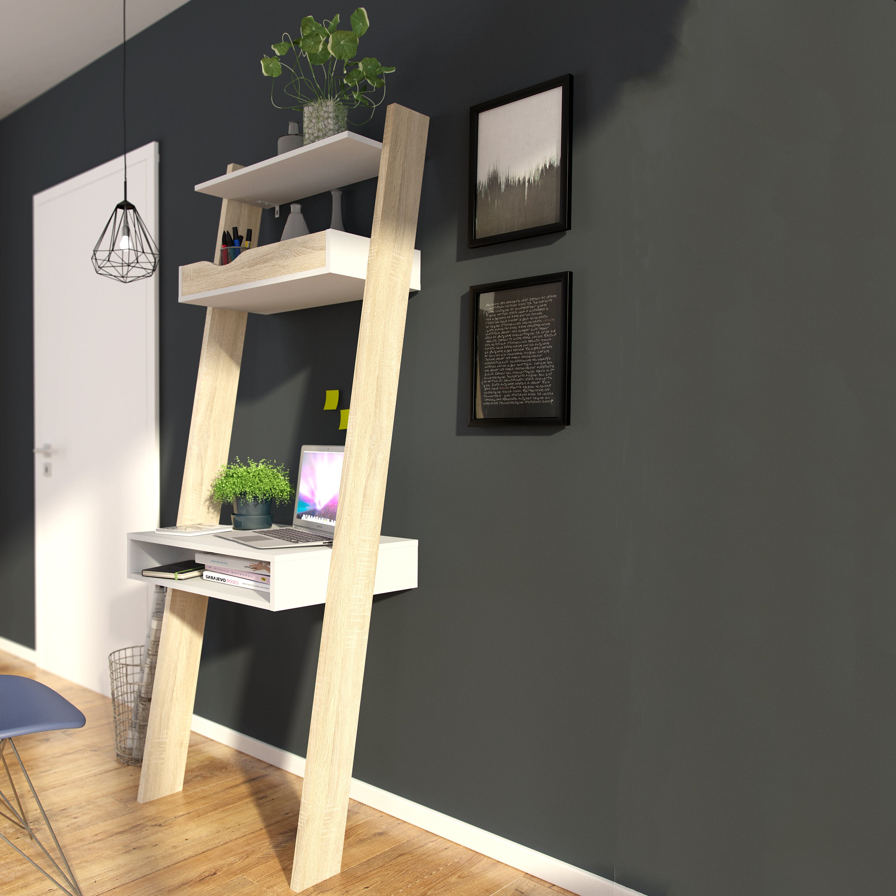 Oslo Leaning Desk in White and Oak – FTG, view 4