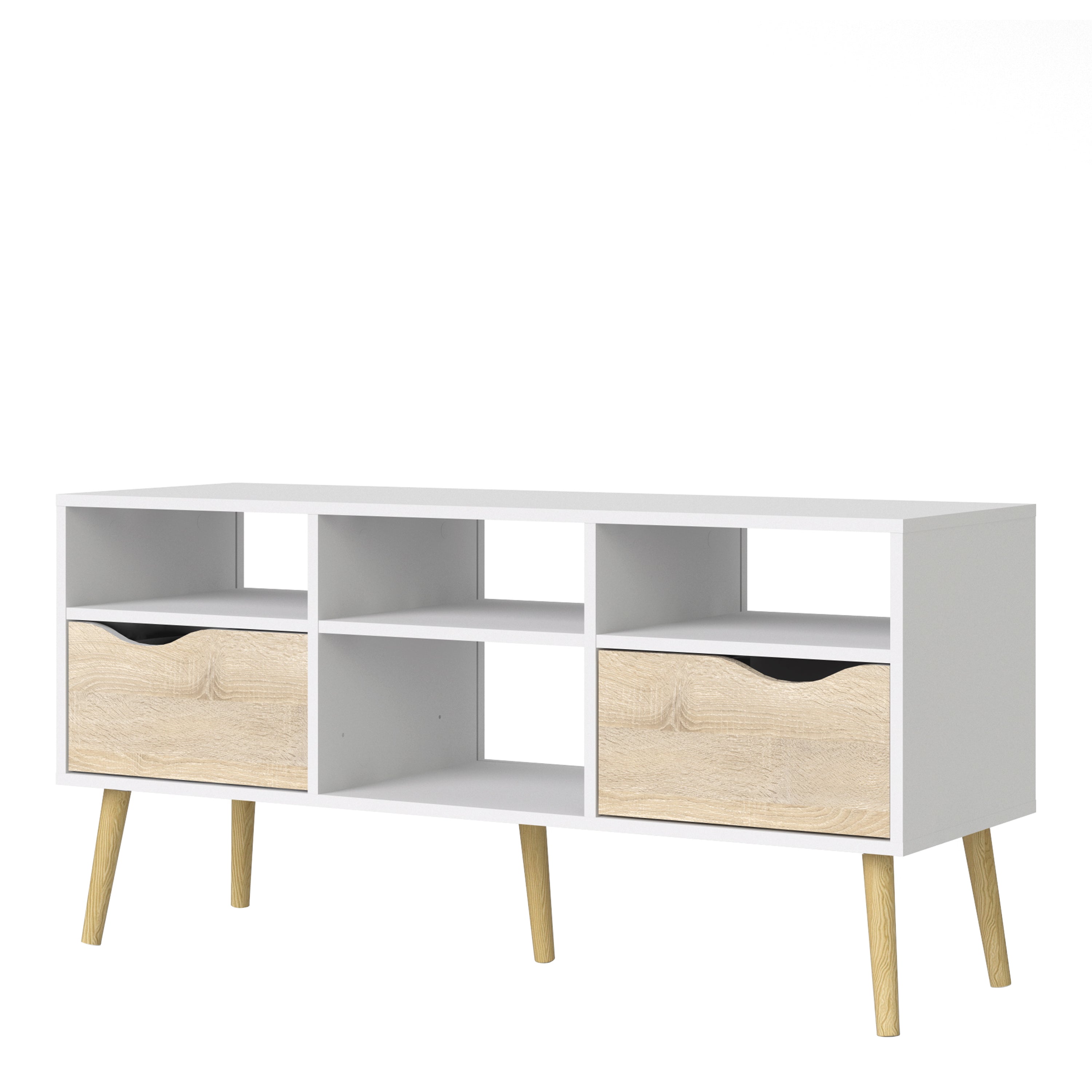 Oslo TV Unit Wide 2 Drawers 4 Shelves in White and Oak – FTG, view 3
