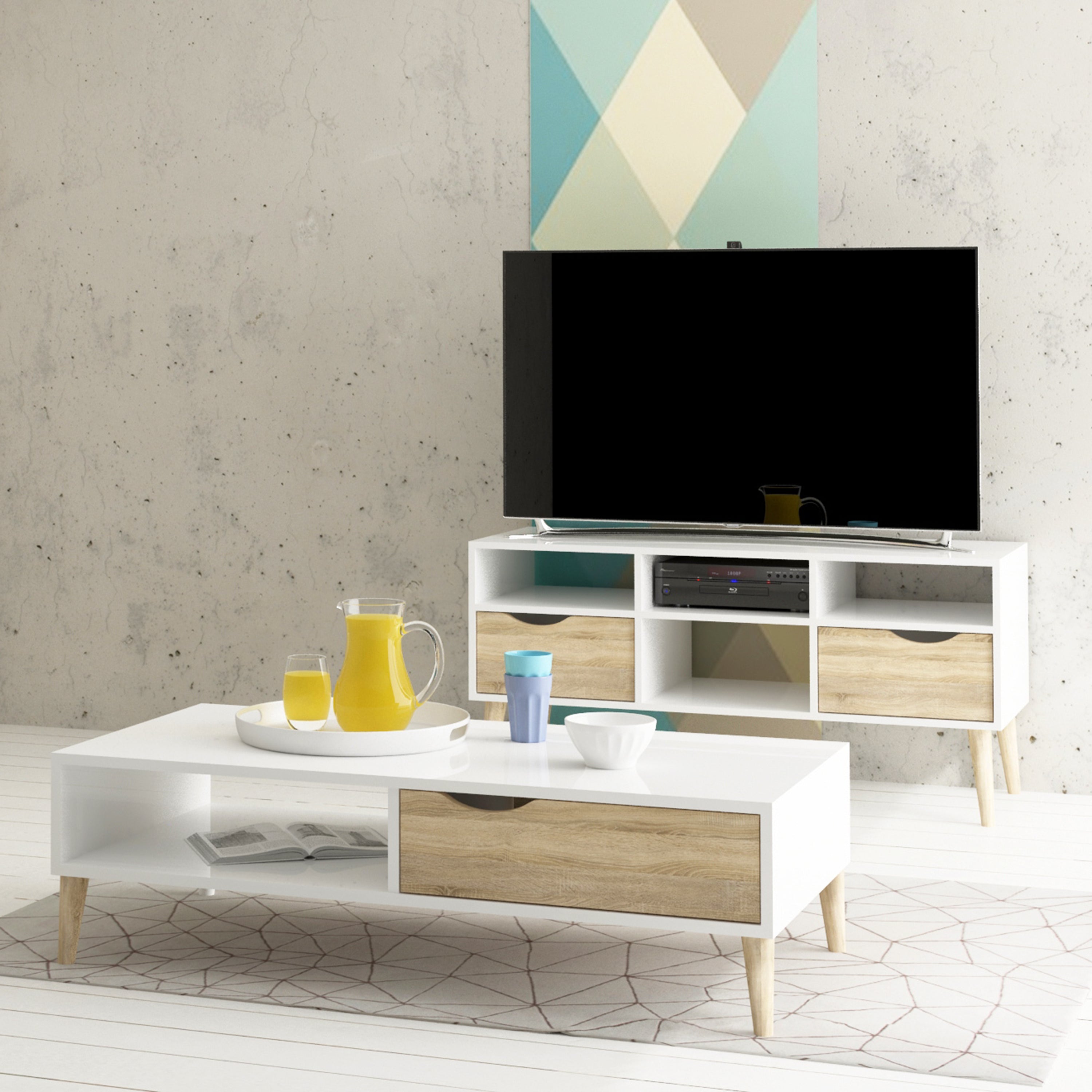Oslo TV Unit Wide 2 Drawers 4 Shelves in White and Oak – FTG, view 5