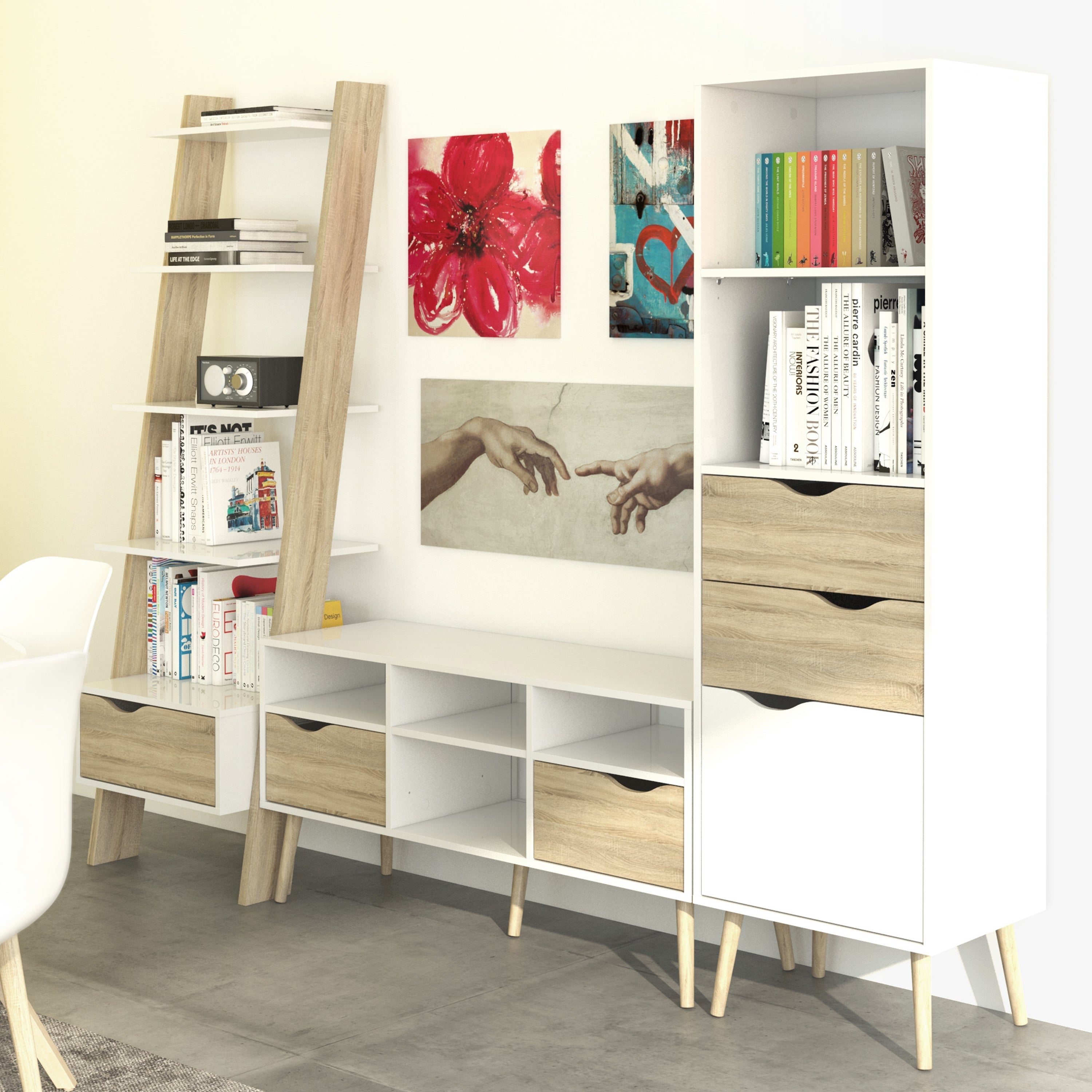 Oslo TV Unit Wide 2 Drawers 4 Shelves in White and Oak – FTG, view 7