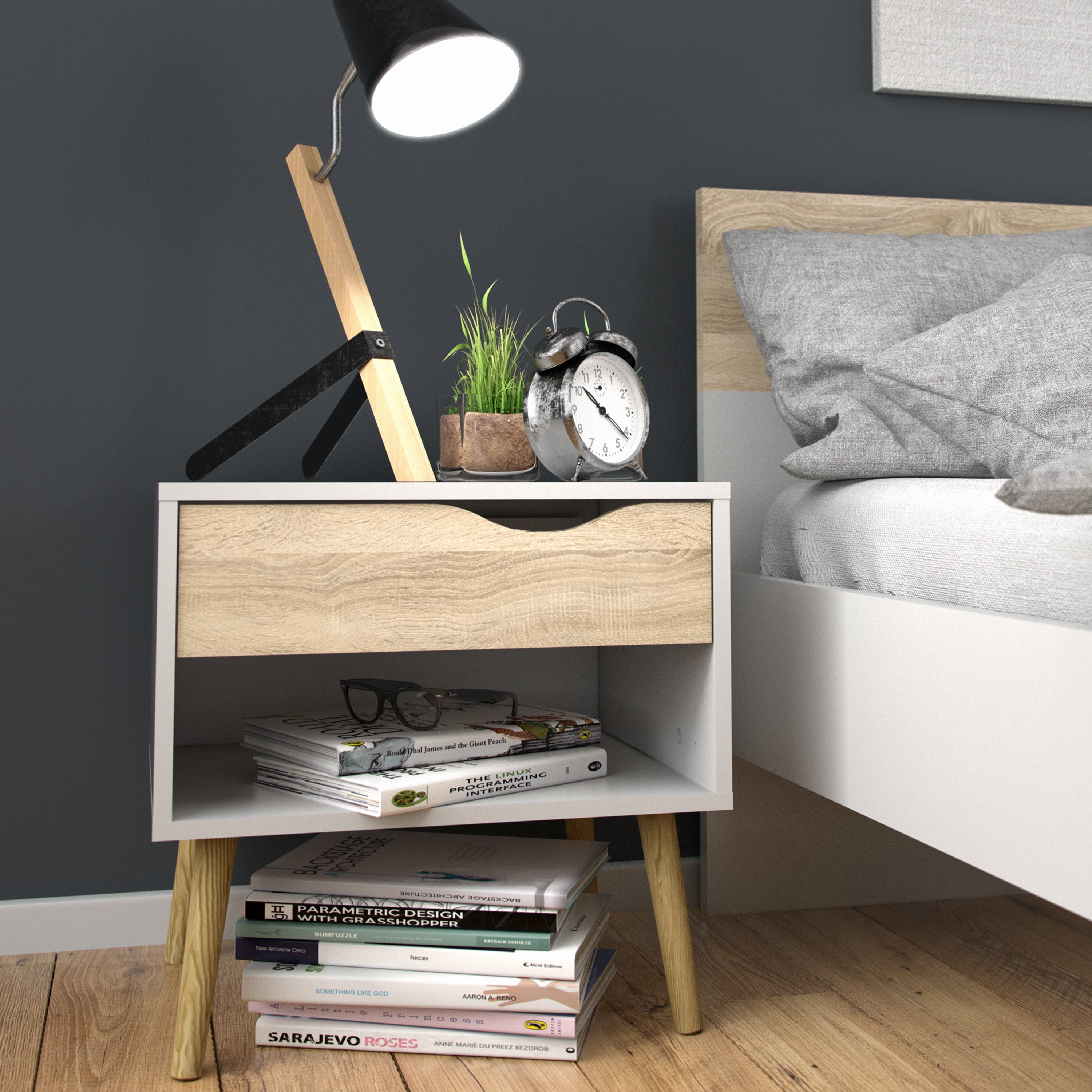 Oslo Bedside 1 Drawer in White and Oak (Package of 2.) – FTG, view 7