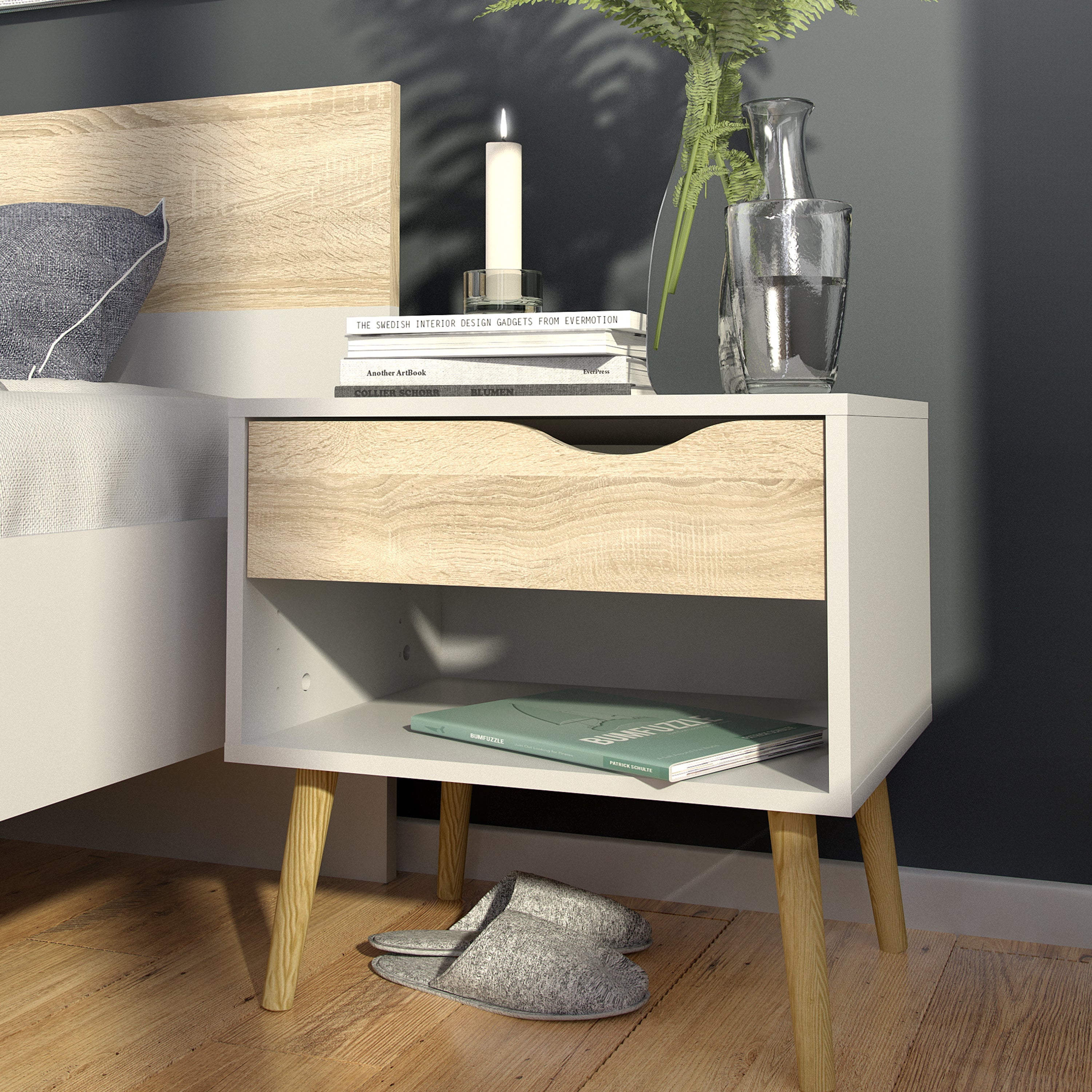 Oslo Bedside 1 Drawer in White and Oak – FTG, view 7