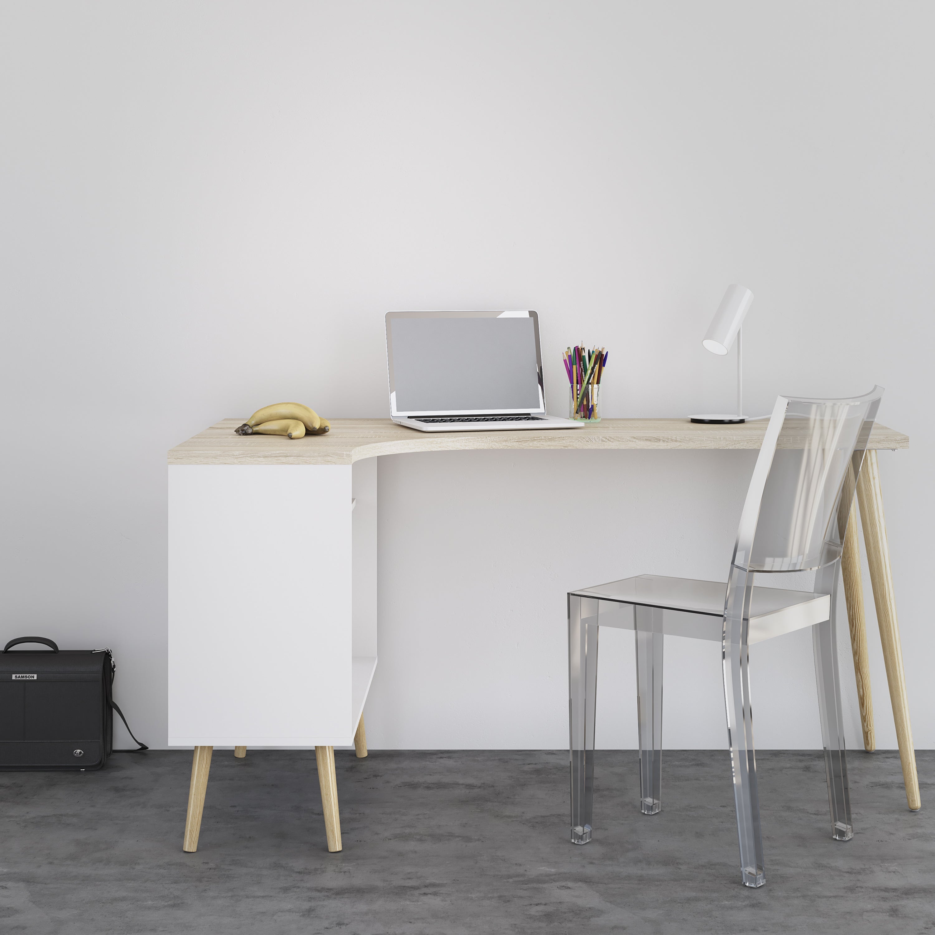 Oslo Desk 2 Drawer in White and Oak – FTG, view 7