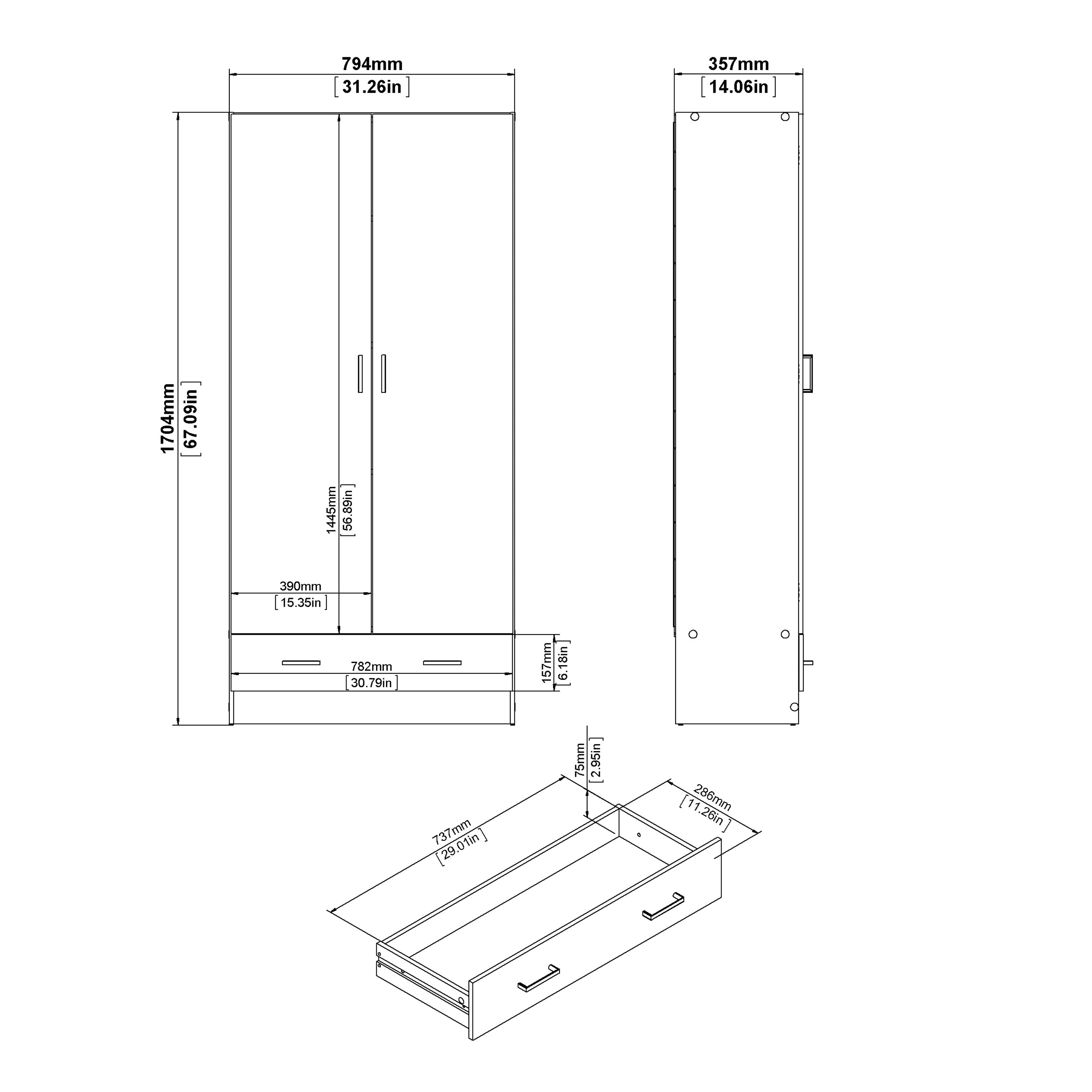 Space Wardrobe with 2 Doors + 1 Drawer in White 1750 – FTG, view 11