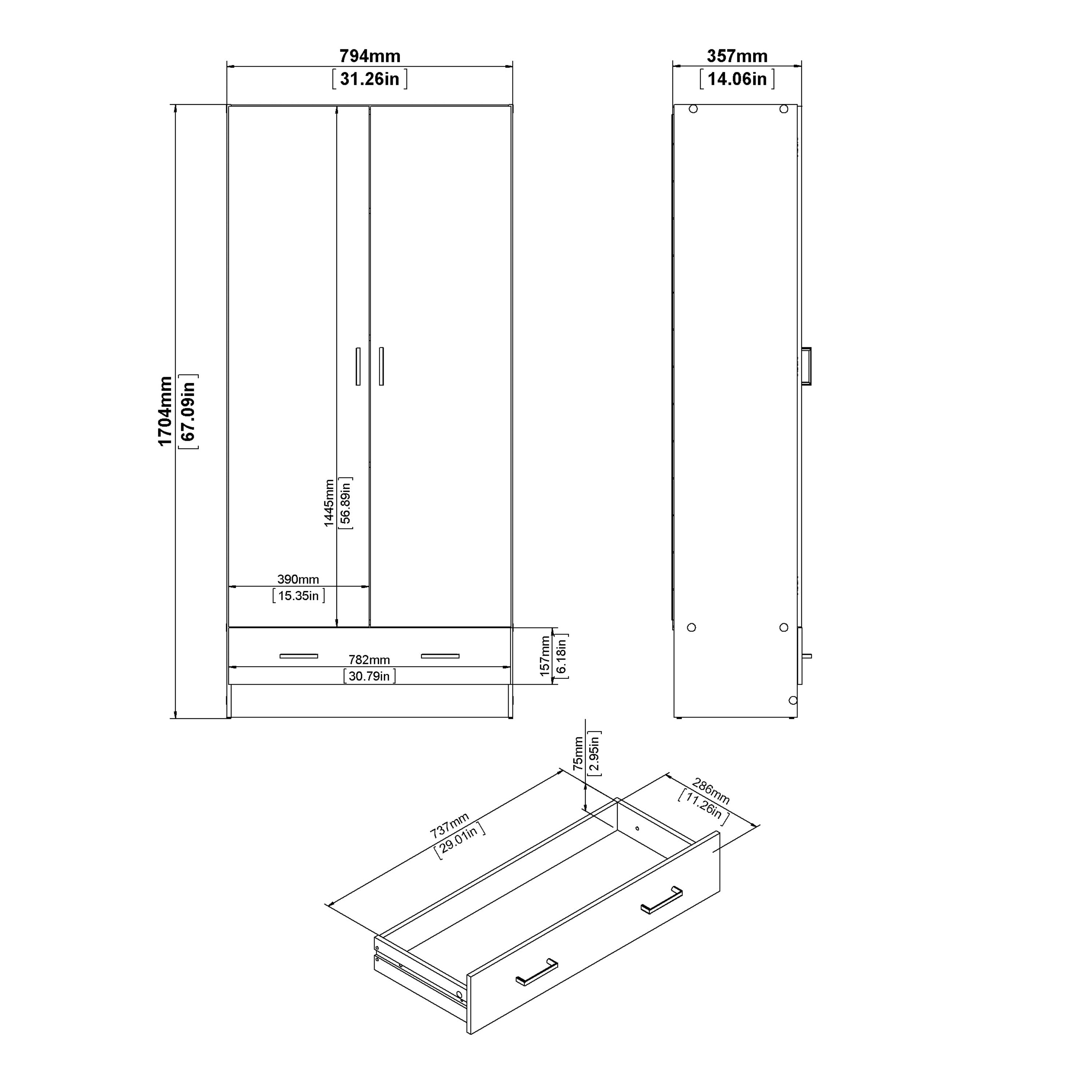 Space Wardrobe with 2 Doors + 1 Drawer in Oak 1750 – FTG, view 11
