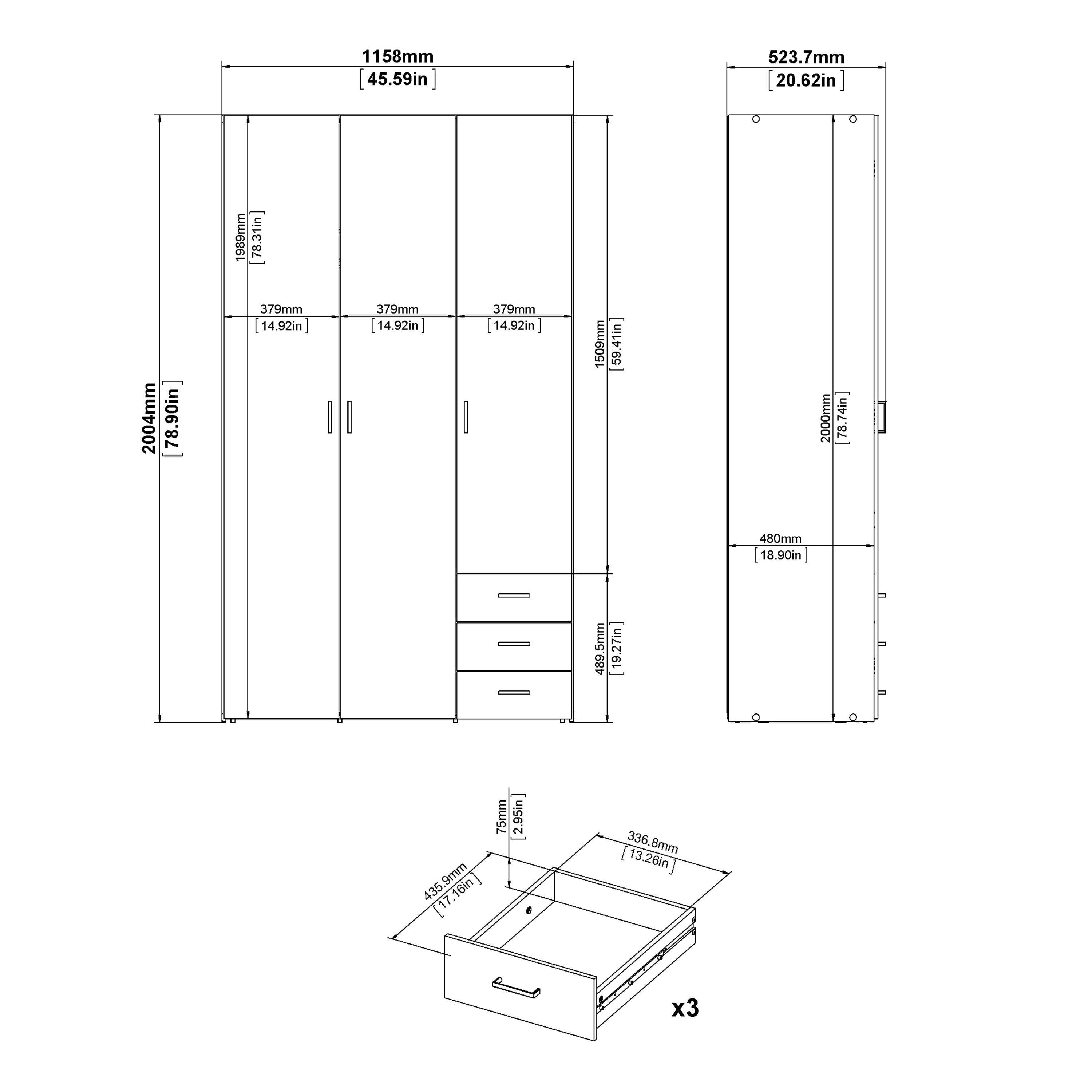 Space Wardrobe 3 Doors 3 Drawers in White 2000 – FTG, view 10