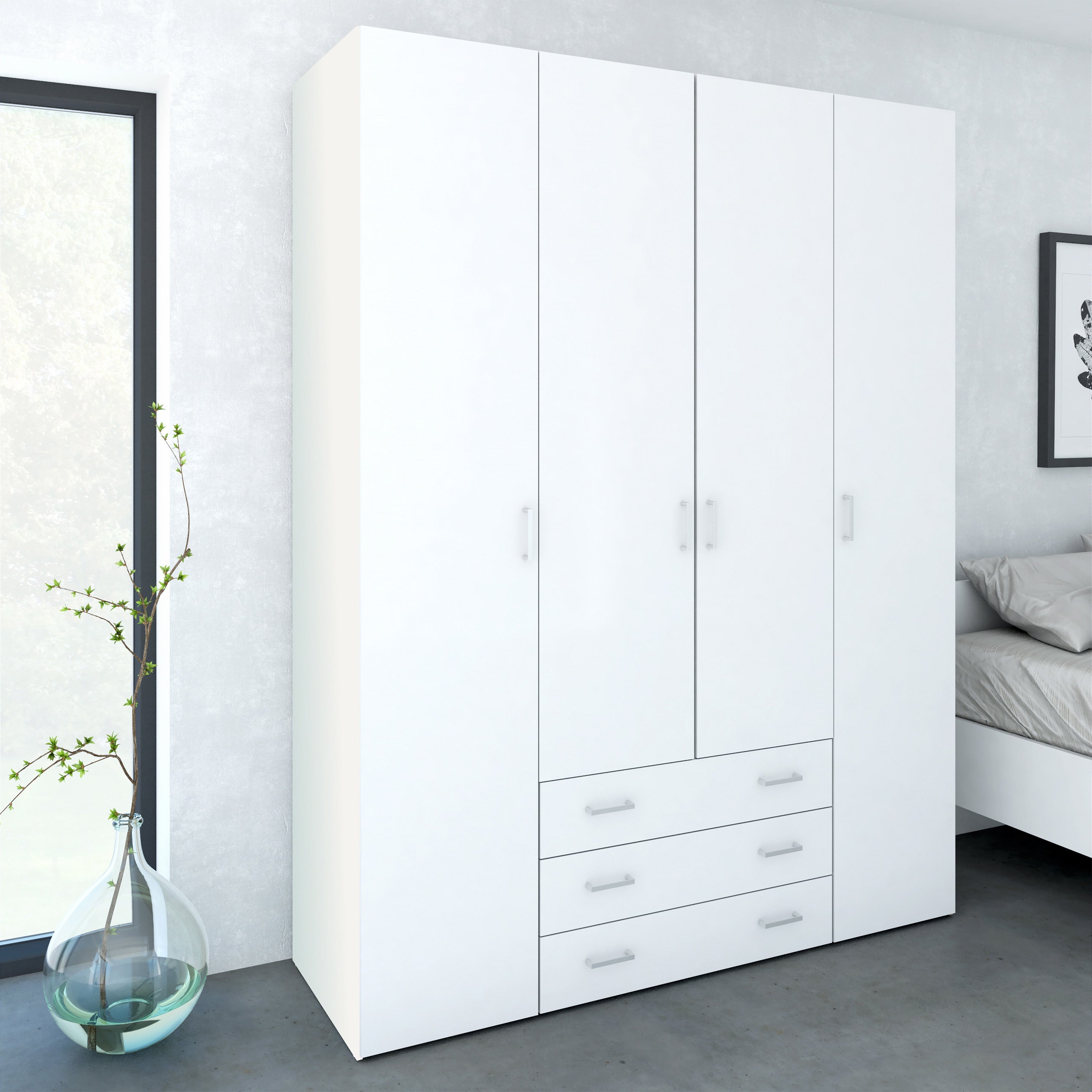 Space Wardrobe 4 Doors 3 Drawers in White 2000 – FTG, view 6