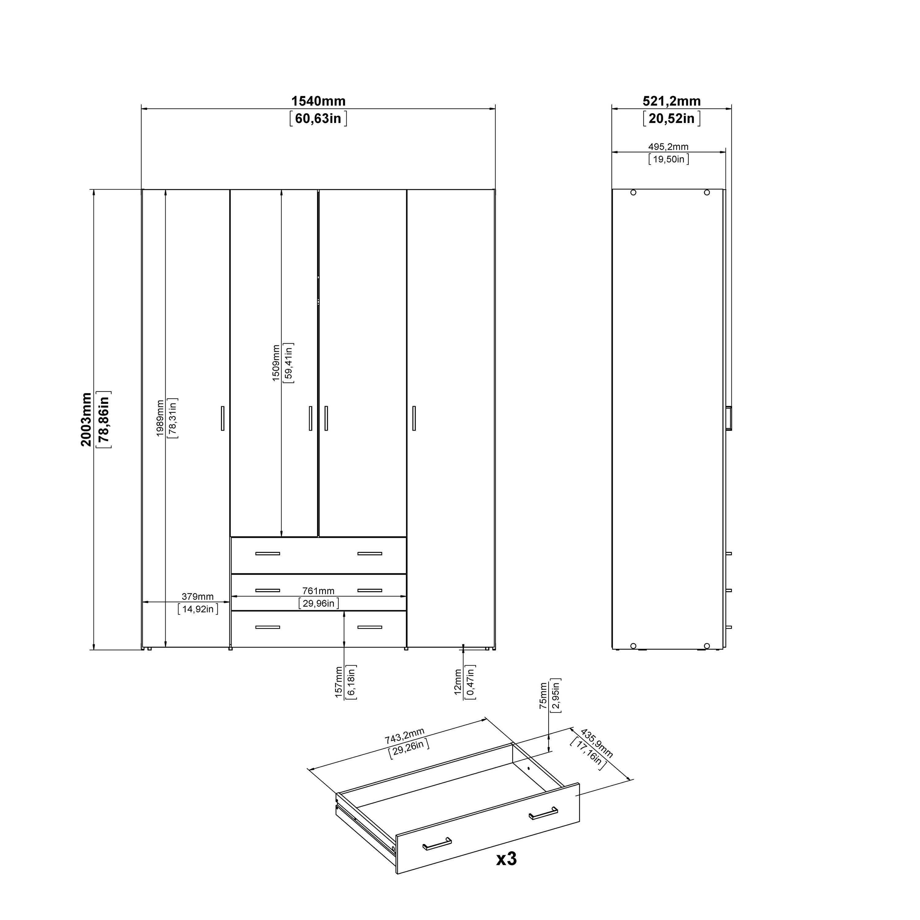 Space Wardrobe 4 Doors 3 Drawers in Oak 2000 – FTG, view 11