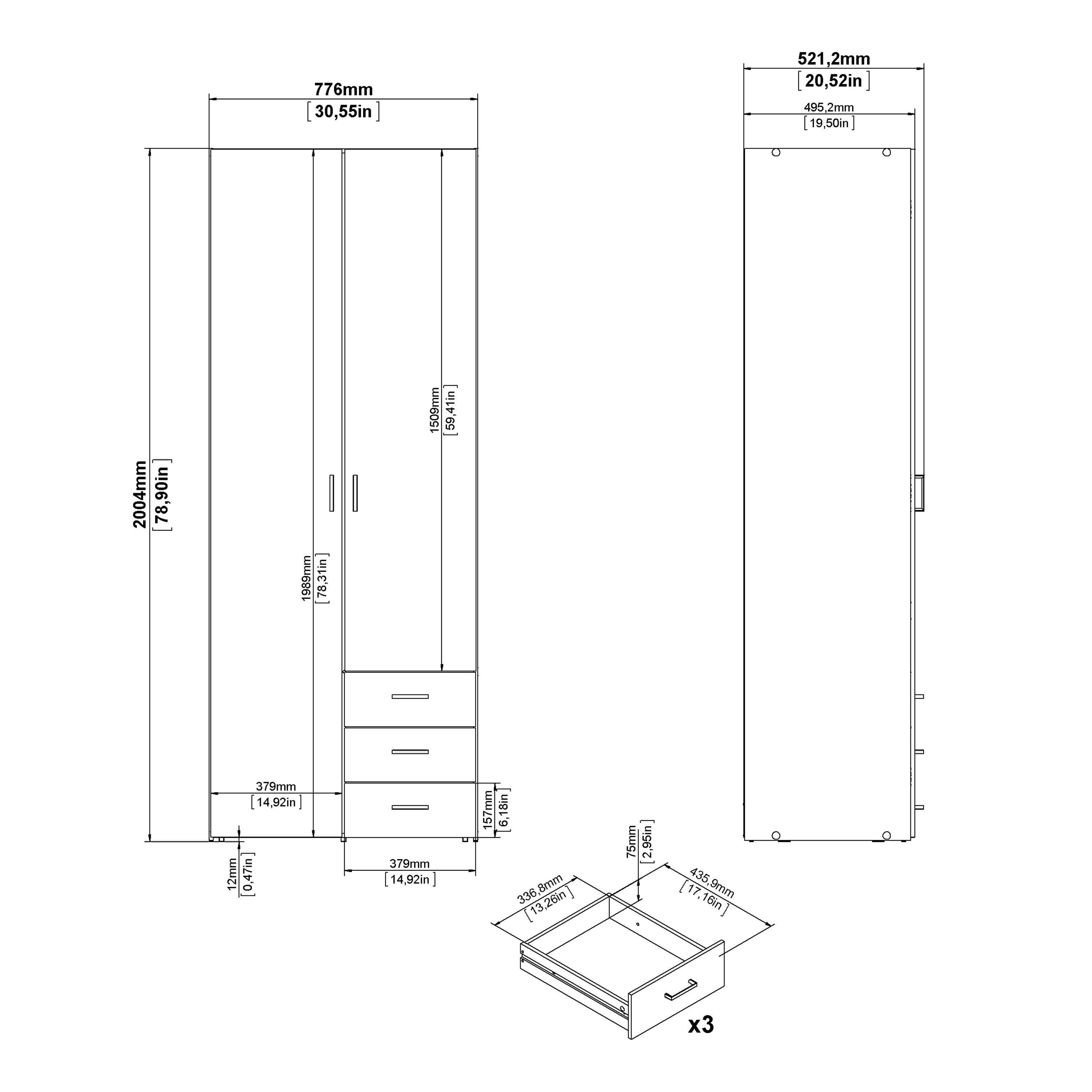 Space Wardrobe 2 Doors 3 Drawers in White 2000 – FTG, view 10