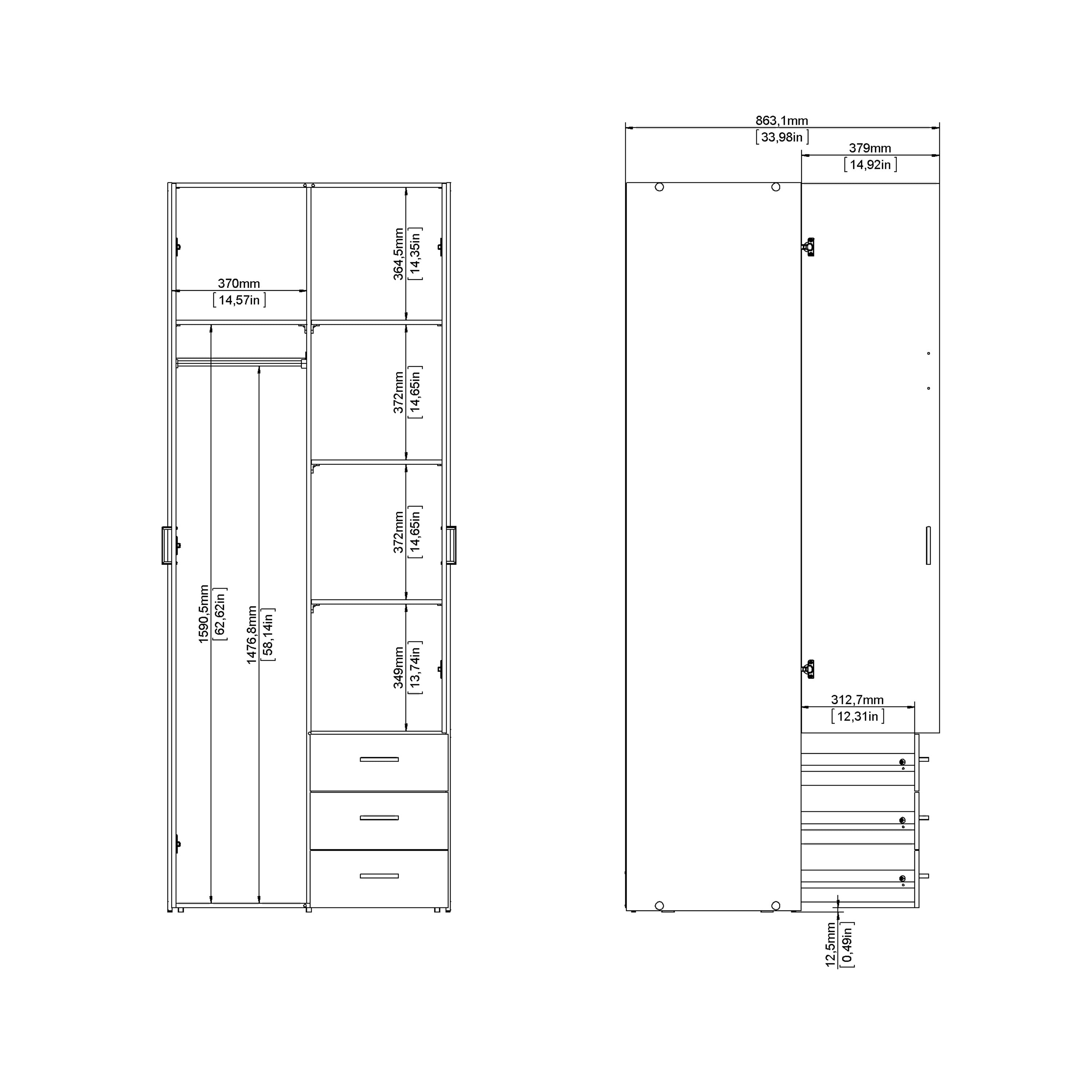 Space Wardrobe 2 Doors 3 Drawers in White 2000 – FTG, view 11