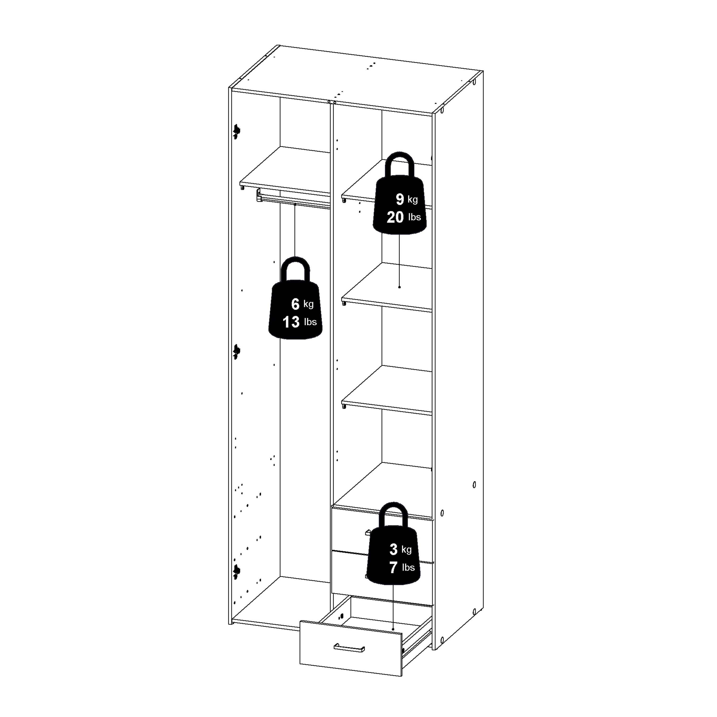 Space Wardrobe 2 Doors 3 Drawers in Oak 2000 – FTG, view 15