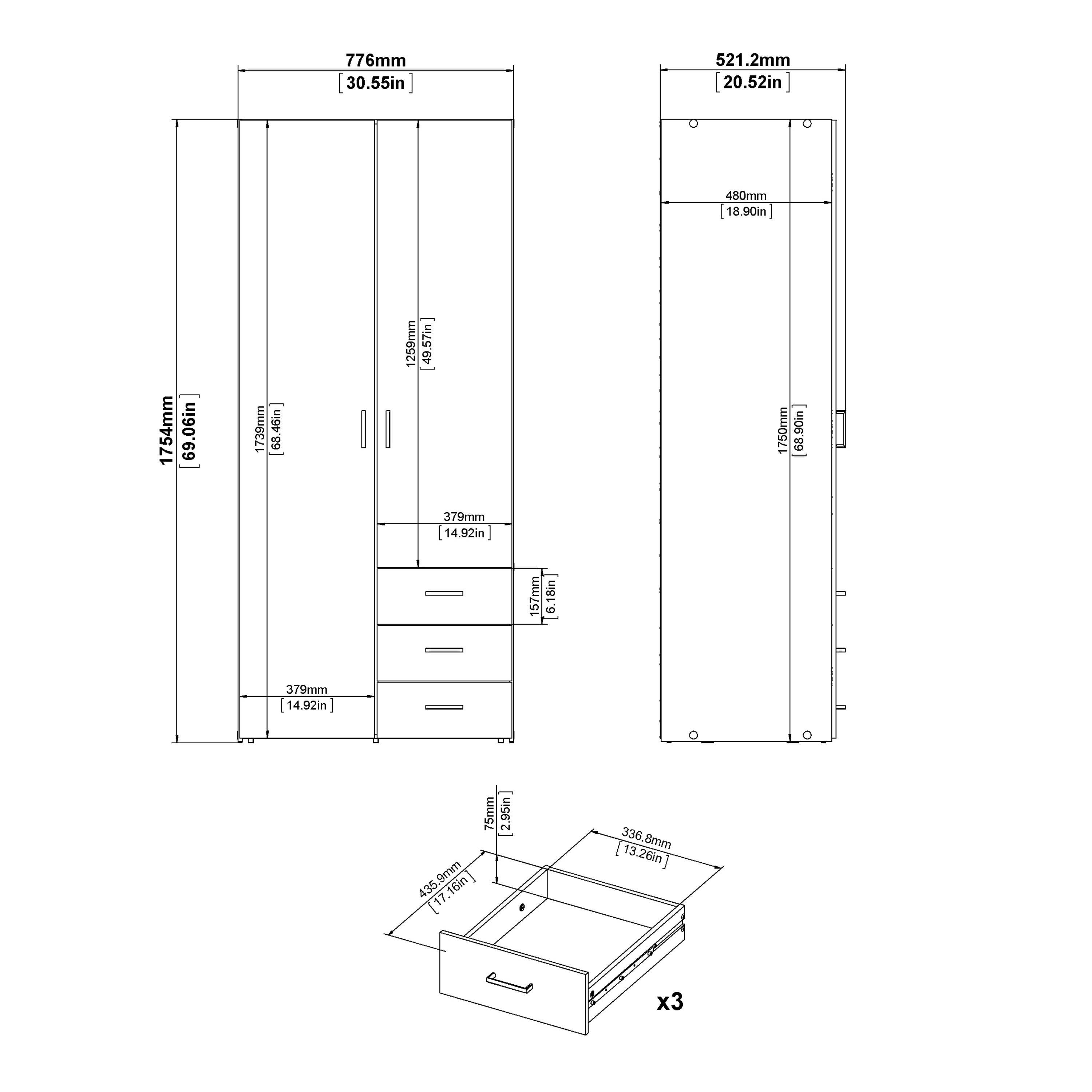 Space Wardrobe 2 Doors 3 Drawers White 1750 – FTG, view 11