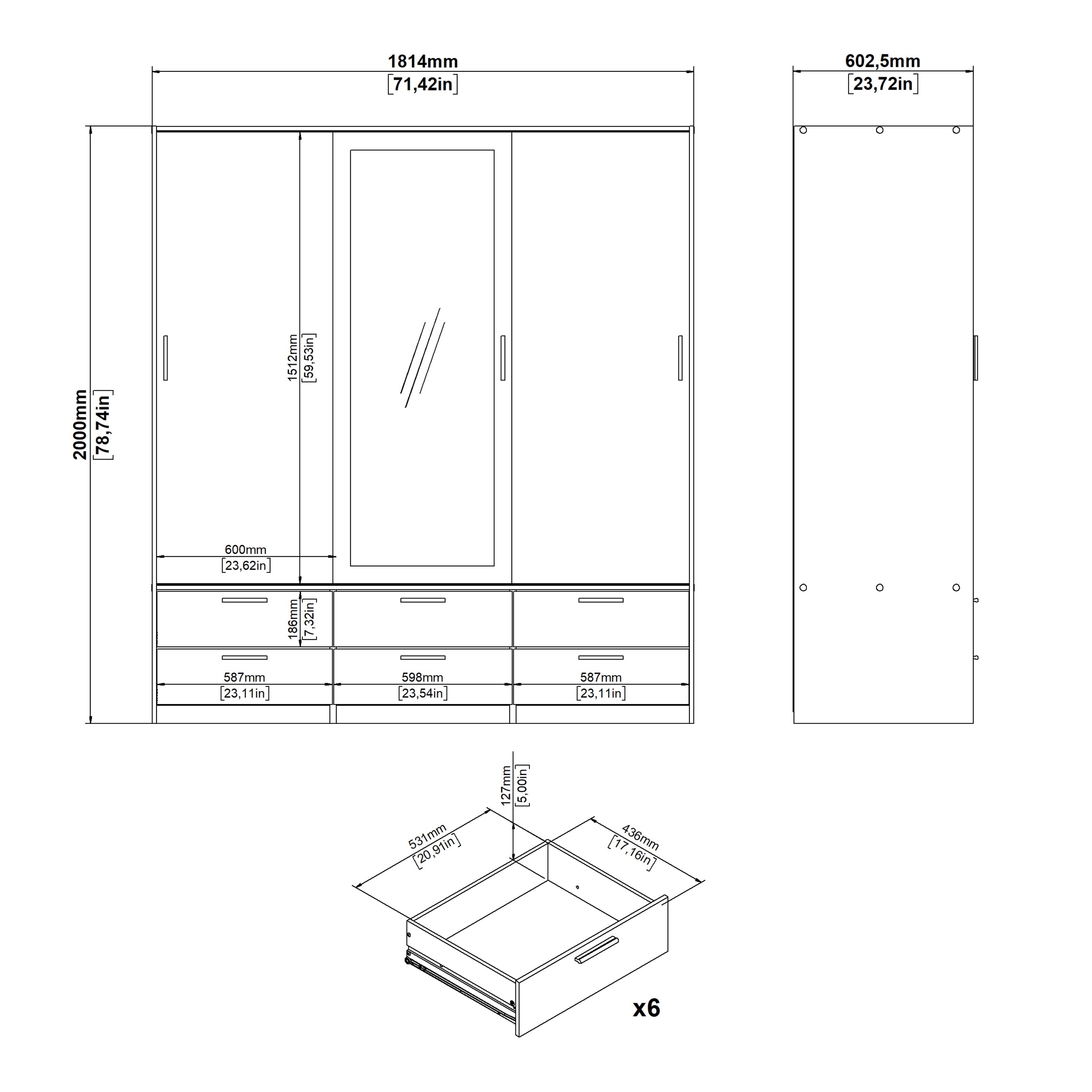 Line Wardrobe 3 Doors 6 Drawers in Oak with White High Gloss – FTG, view 13
