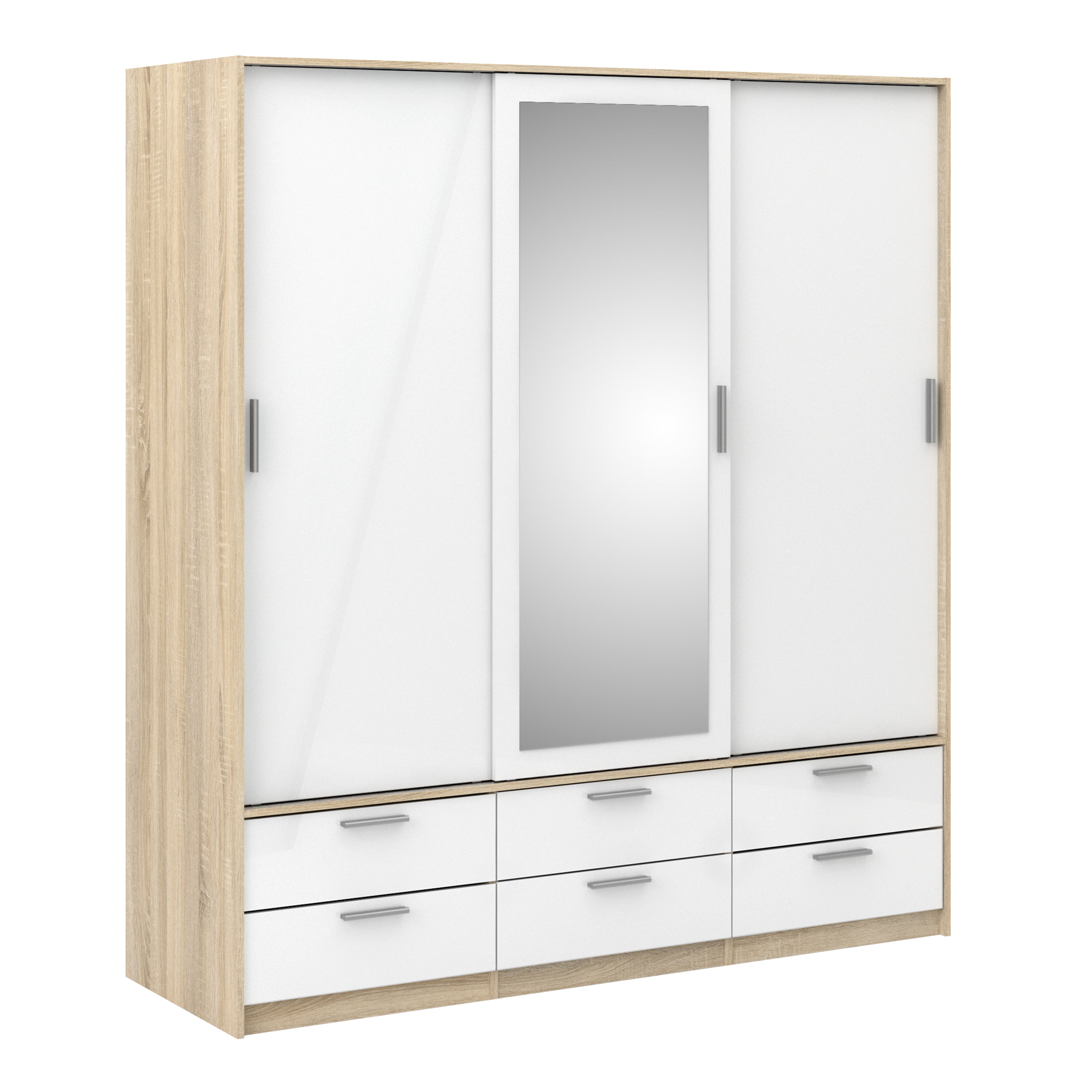 Line Wardrobe 3 Doors 6 Drawers in Oak with White High Gloss – FTG