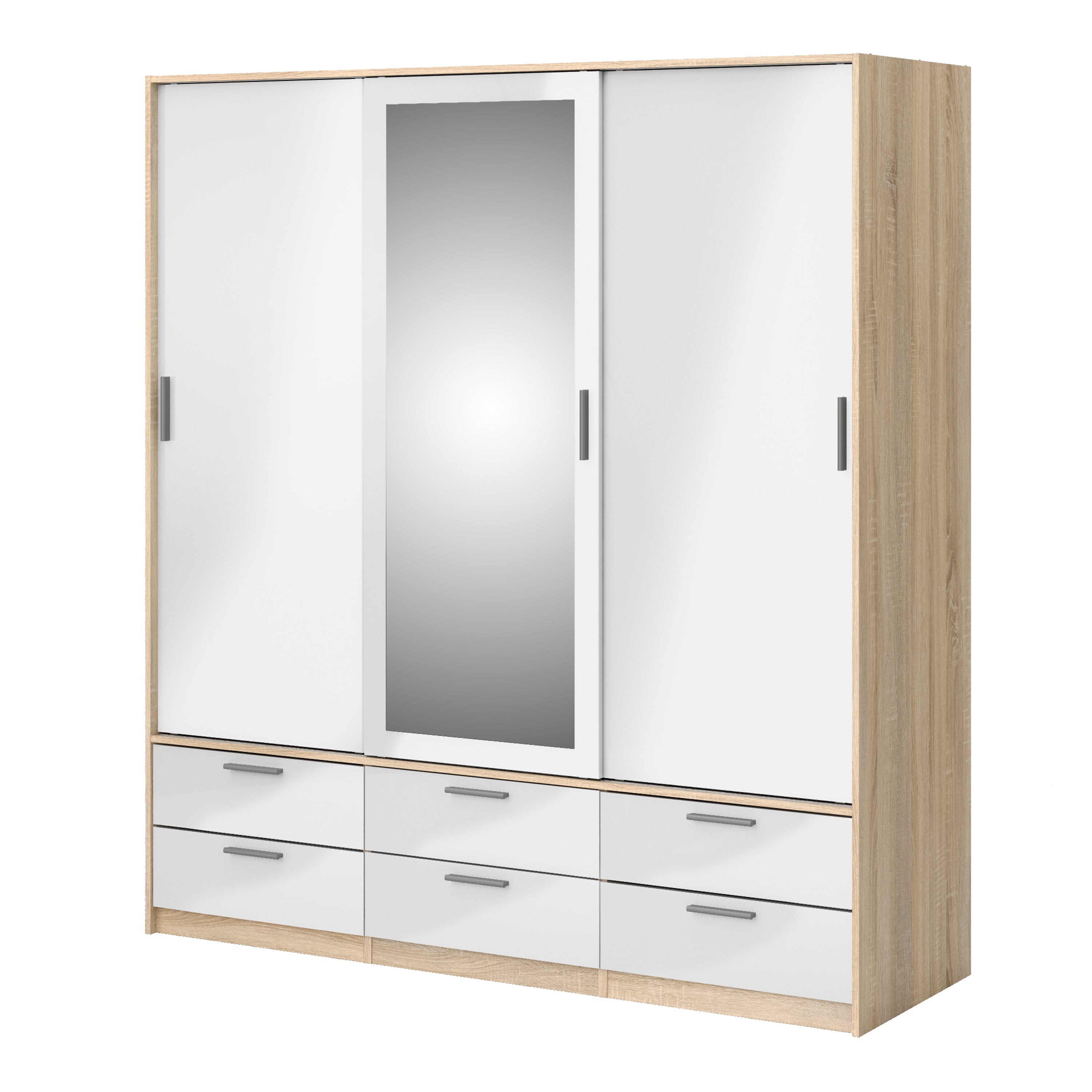 Line Wardrobe 3 Doors 6 Drawers in Oak with White High Gloss – FTG, view 3