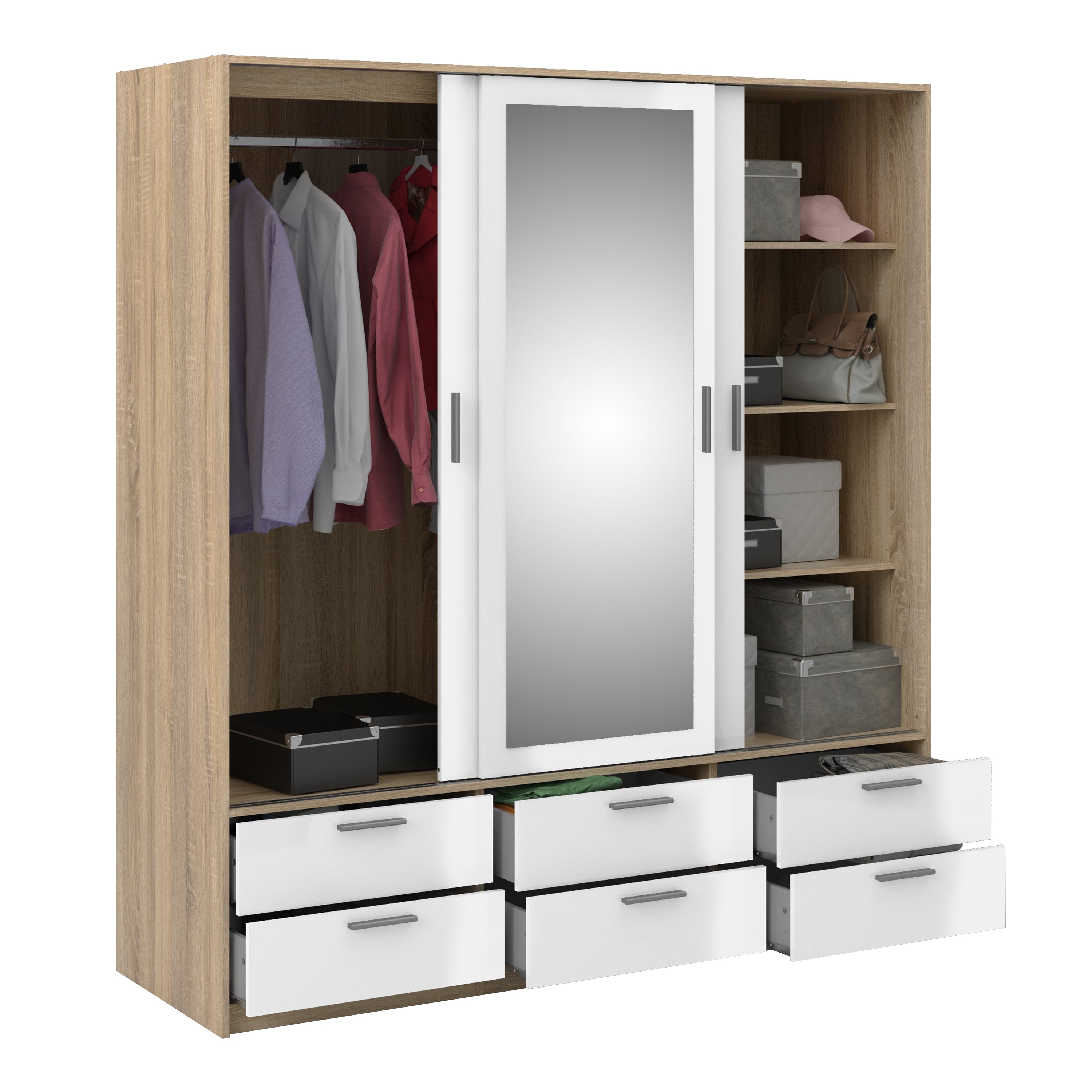 Line Wardrobe 3 Doors 6 Drawers in Oak with White High Gloss – FTG, view 5