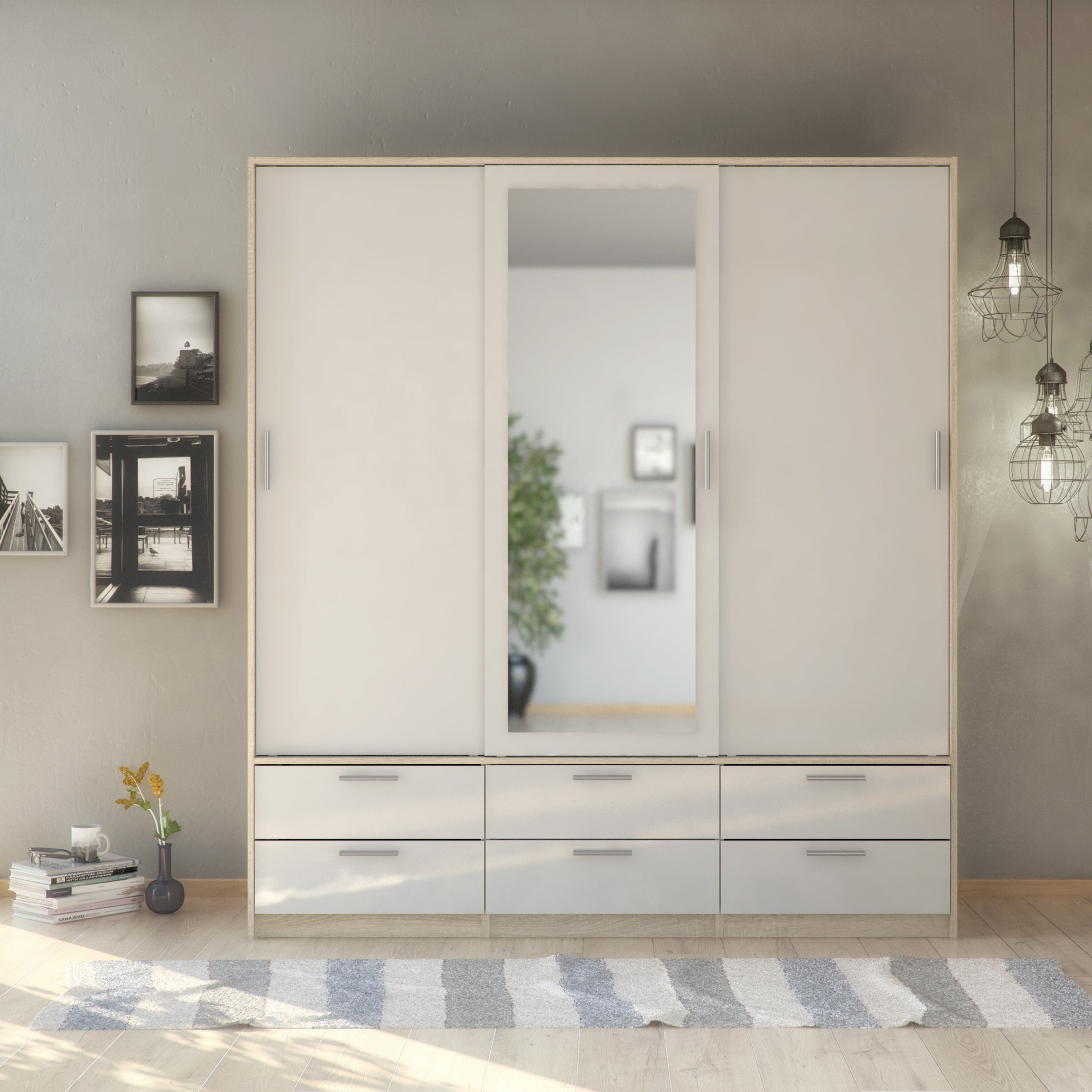 Line Wardrobe 3 Doors 6 Drawers in Oak with White High Gloss – FTG, view 6