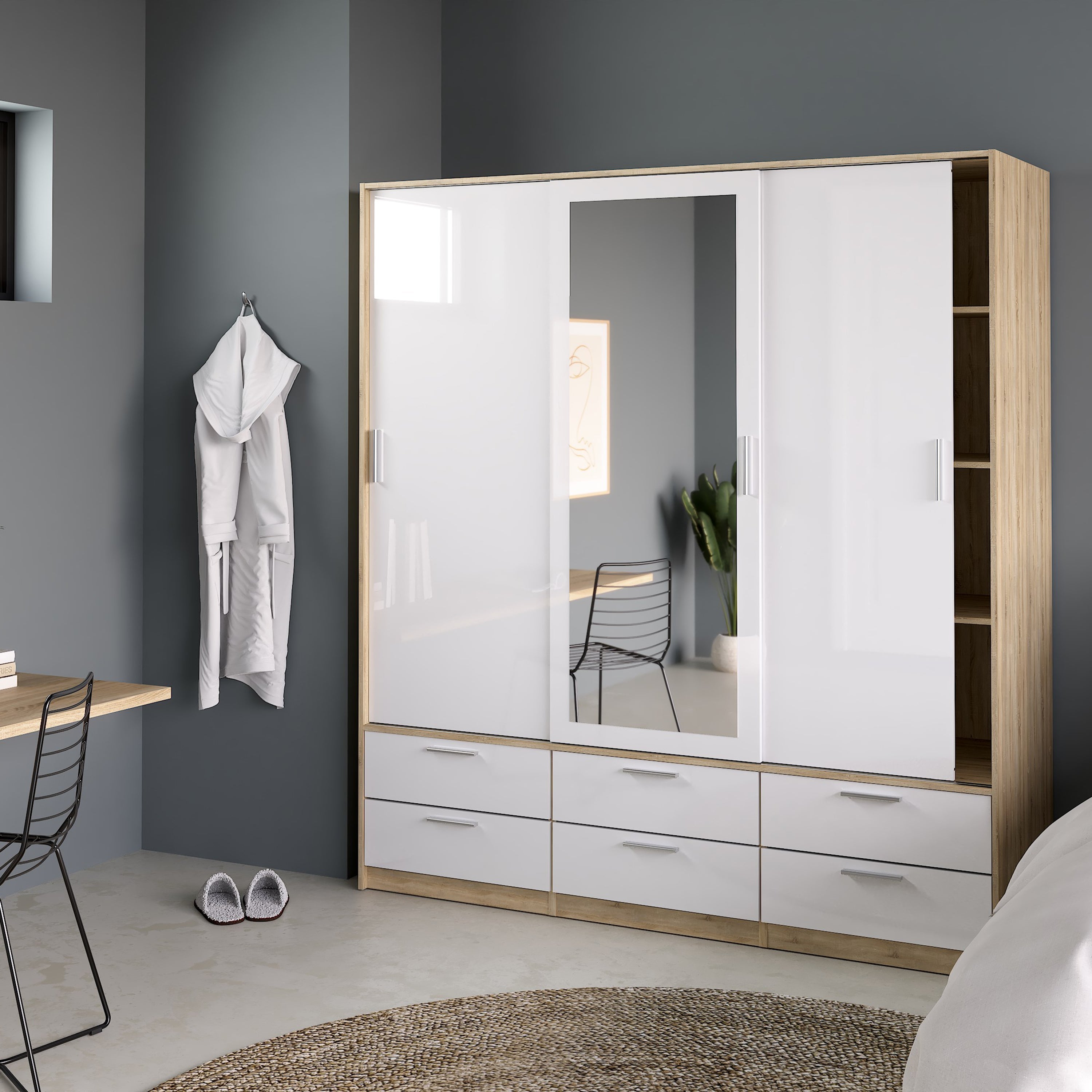 Line Wardrobe 3 Doors 6 Drawers in Oak with White High Gloss – FTG, view 8