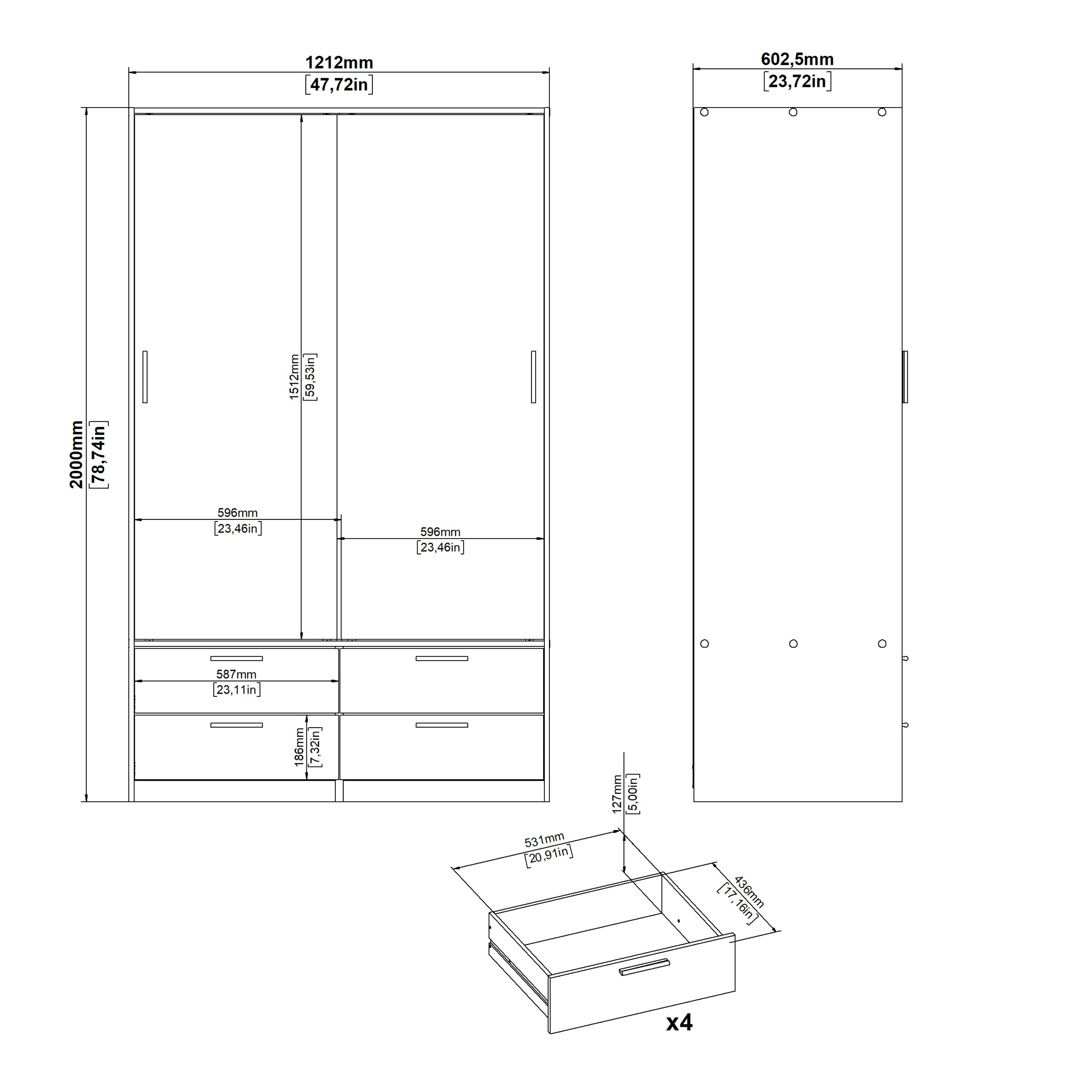 Line Wardrobe with 2 Sliding Doors and 4 Drawers, White – FTG, view 12