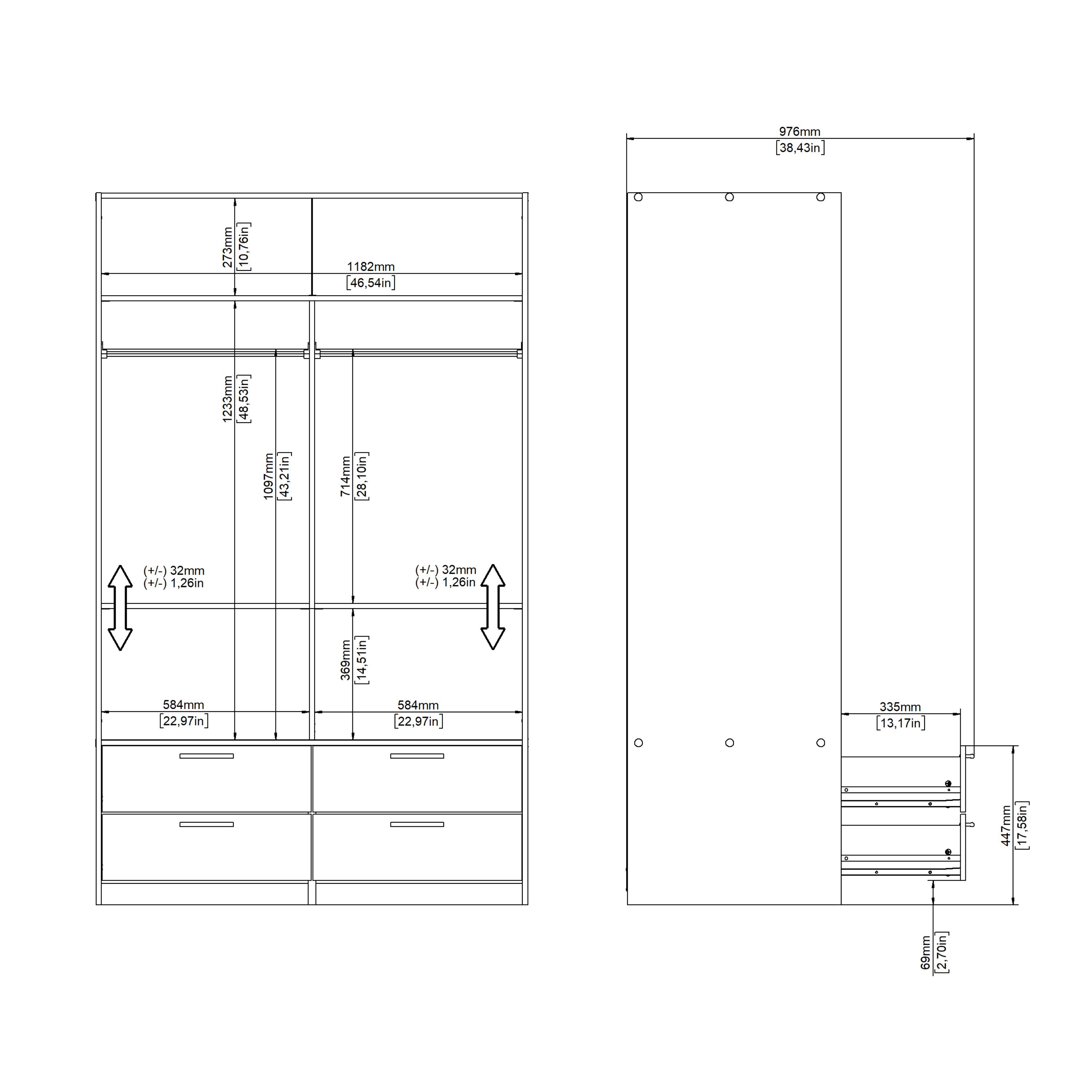 Line Wardrobe with 2 Sliding Doors and 4 Drawers, White – FTG, view 13