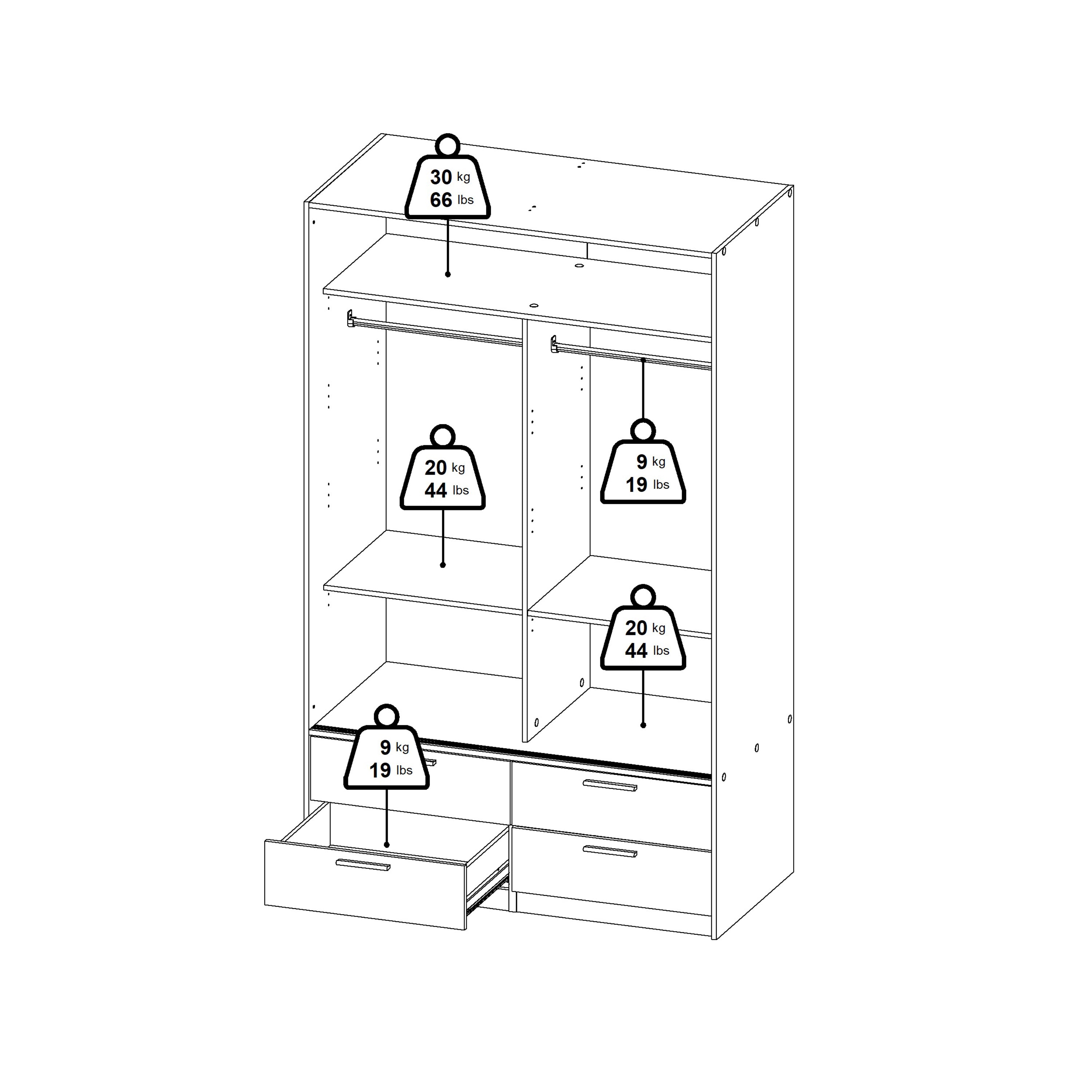 Line Wardrobe with 2 Sliding Doors and 4 Drawers, White – FTG, view 14