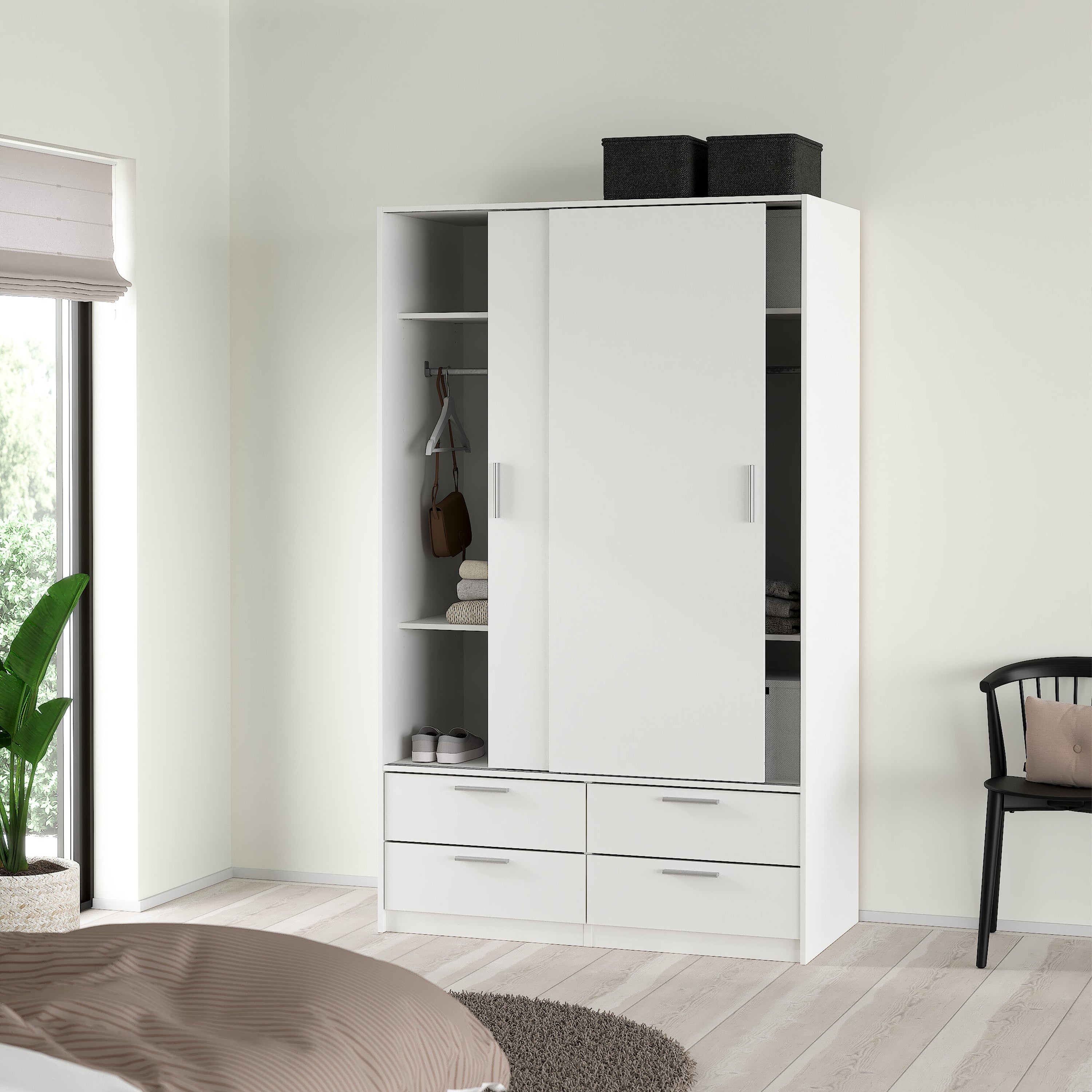 Line Wardrobe with 2 Sliding Doors and 4 Drawers, White – FTG, view 9