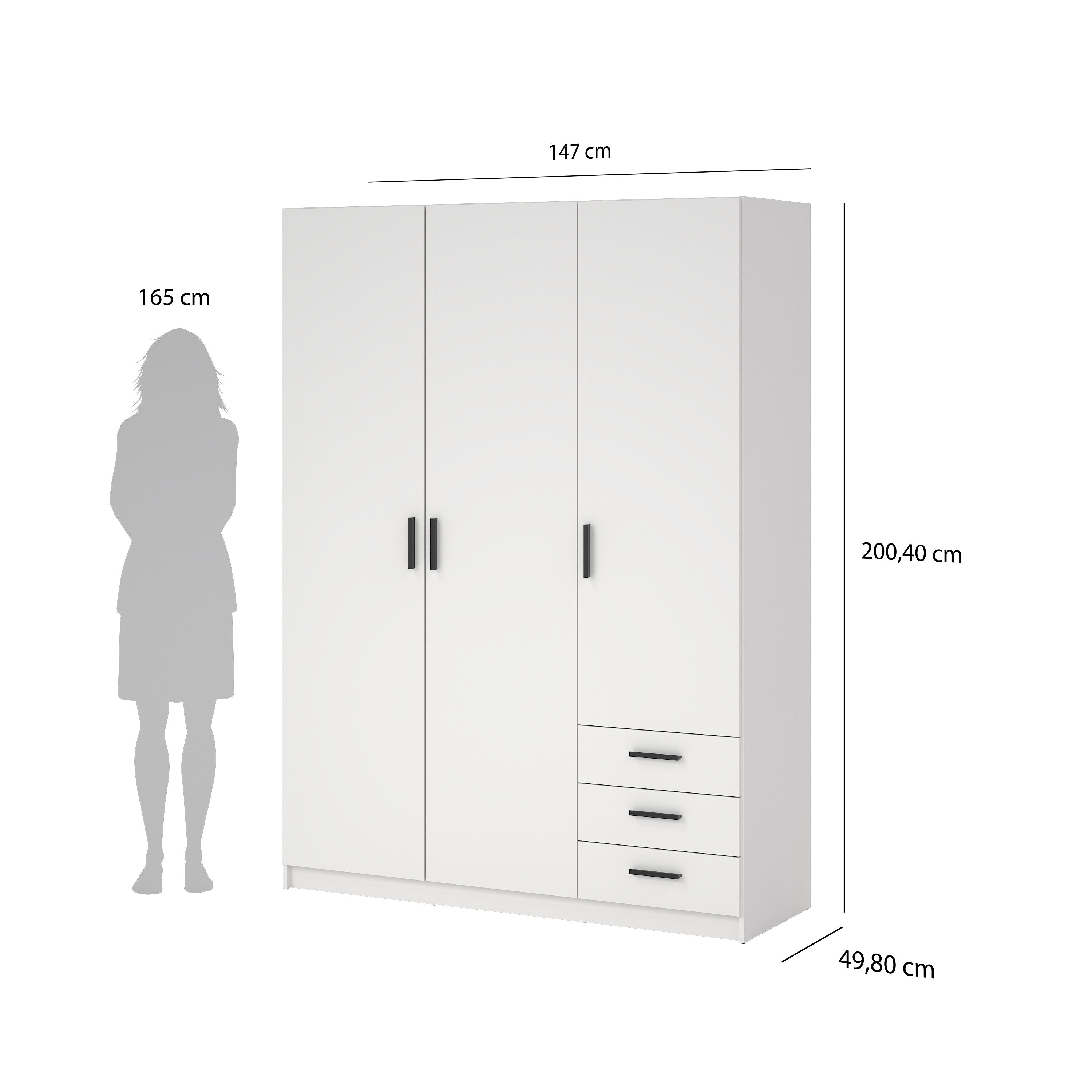 Sprint Wardrobe with 3 Doors + 3 Drawers in White