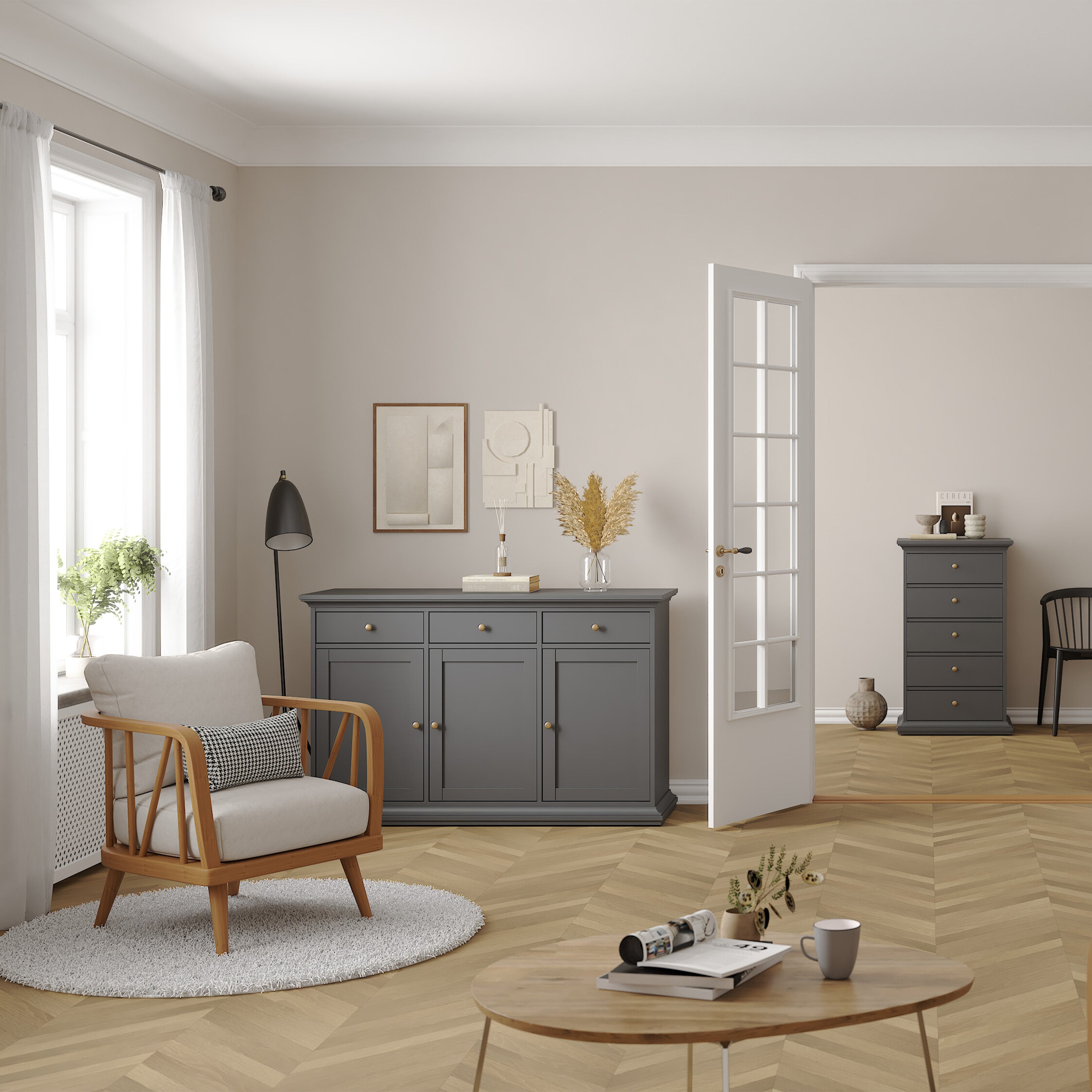 Paris Sideboard with 3 doors and 3 drawers in Matt Grey – FTG, view 7