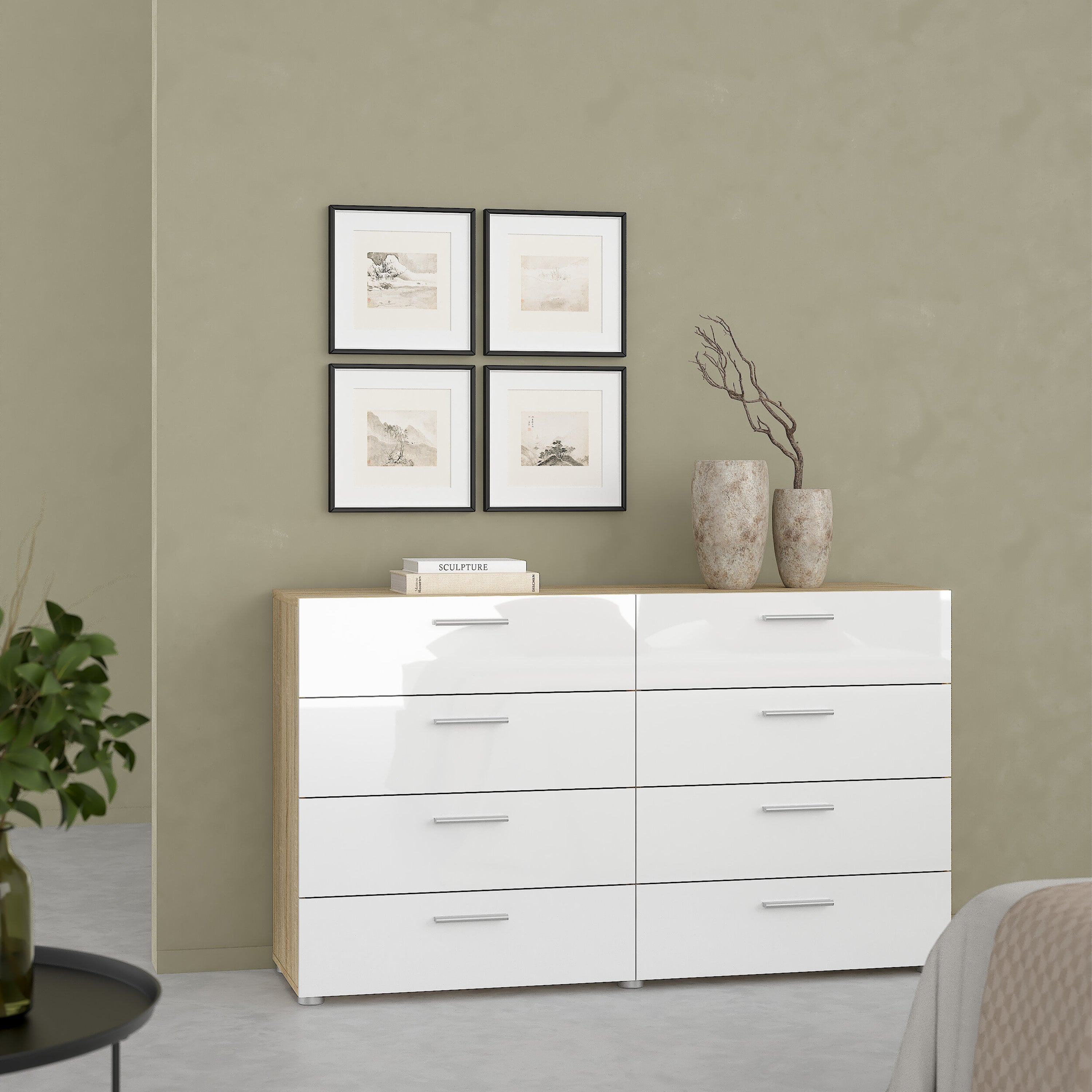 Pepe Wide Chest of 8 Drawers (4+4) in Oak structure/White High Gloss – FTG, view 5