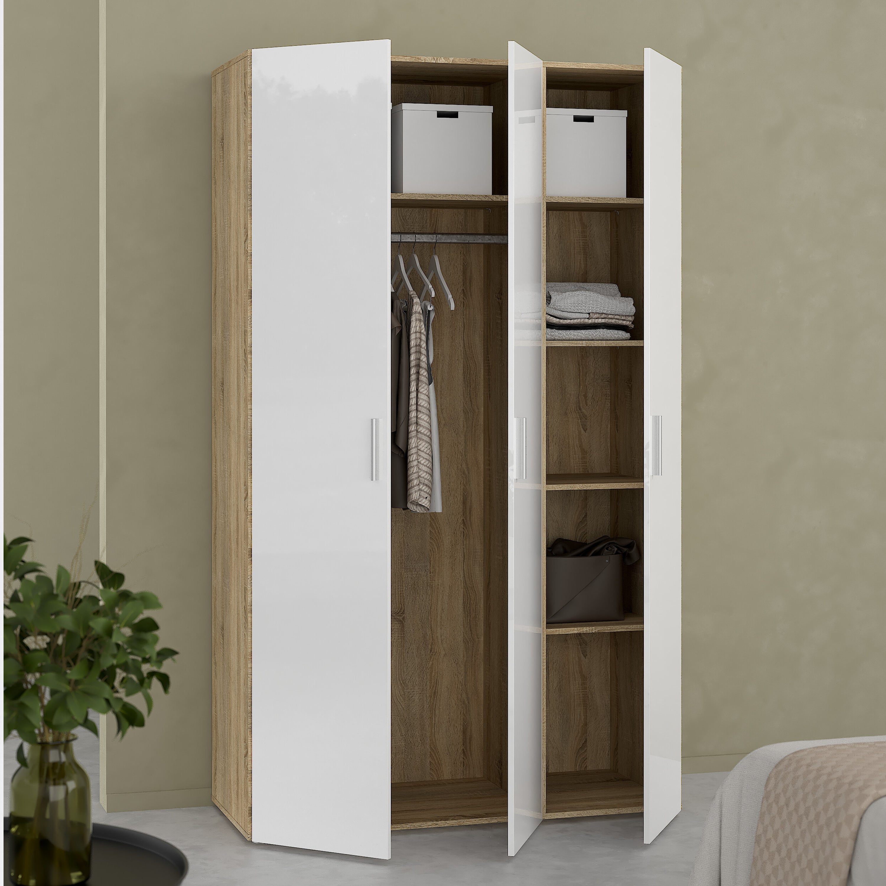 Pepe Wardrobe with 3 Doors in Oak with White High Gloss – FTG, view 7