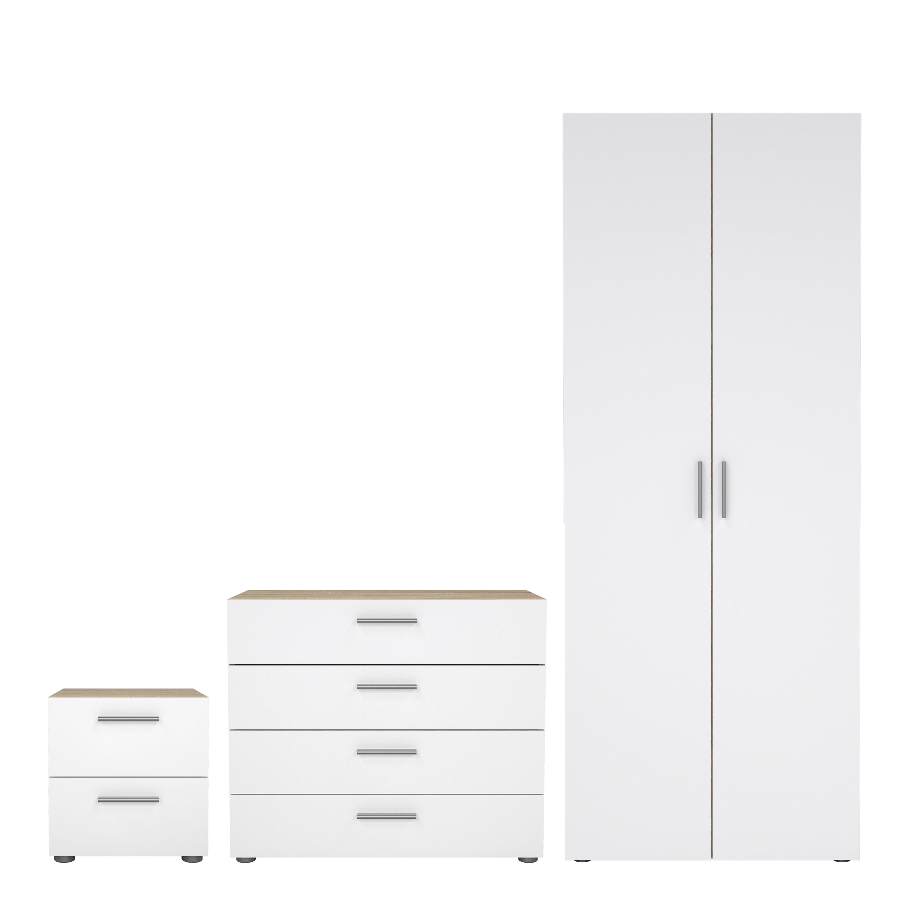 Pepe Package - Bedside 2 Drawers + Chest of 4 Drawers + Wardrobe with 2 Doors in Oak with White High Gloss – FTG