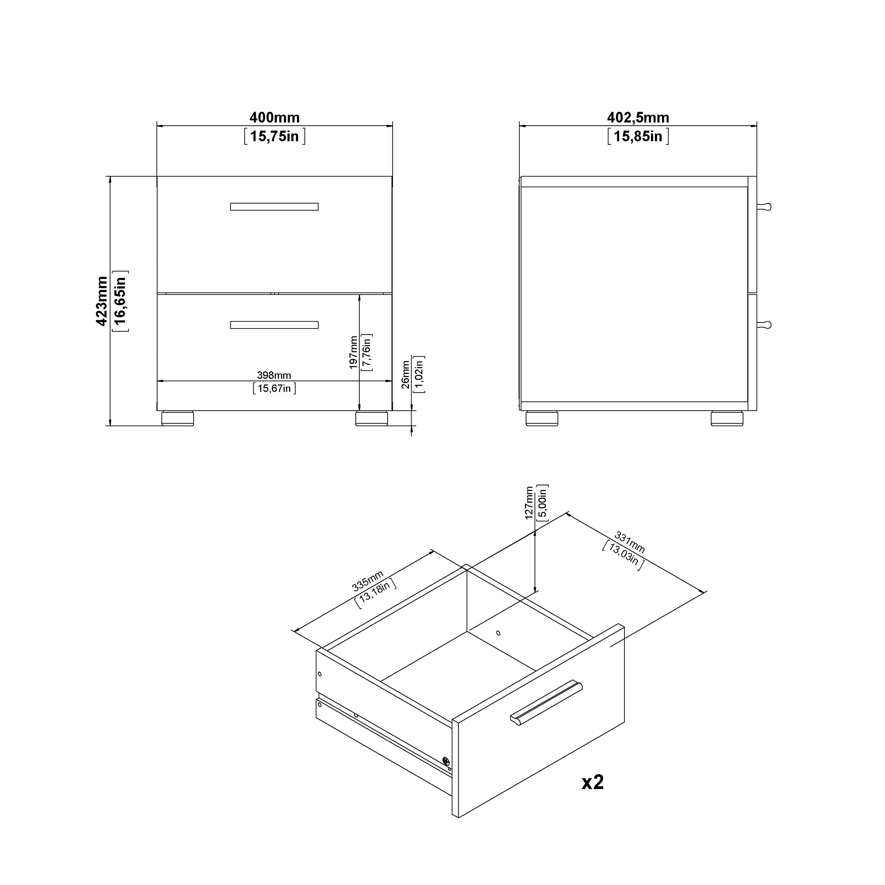 Pepe Package - Bedside 2 Drawers + Chest of 4 Drawers + Wardrobe with 2 Doors in Oak with White High Gloss – FTG, view 5