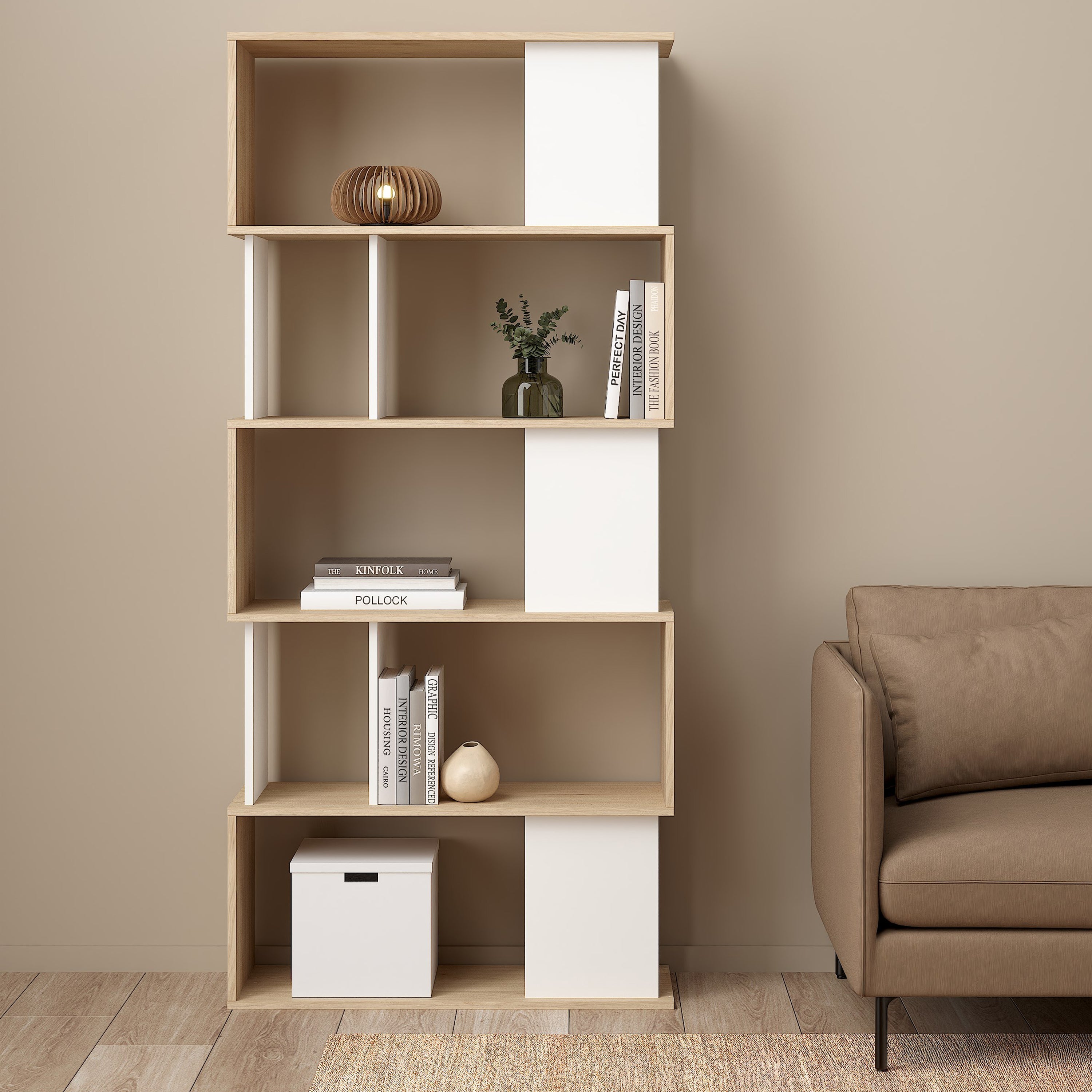 Maze Open Bookcase 4 Shelves in Jackson Hickory Oak and White – FTG, view 5