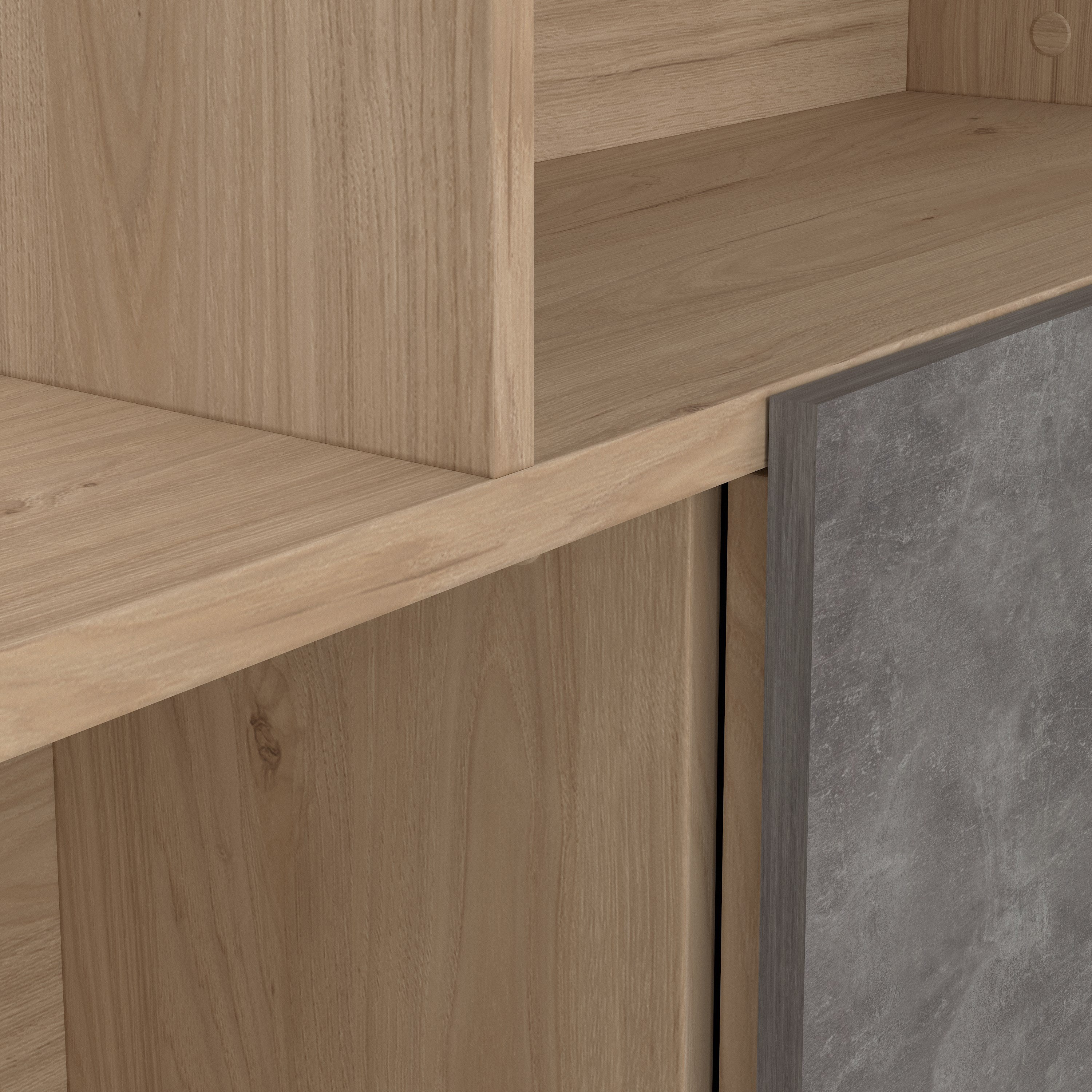 Maze Asymmetrical Bookcase with 3 Doors in Jackson Hickory and Concrete – FTG, view 8