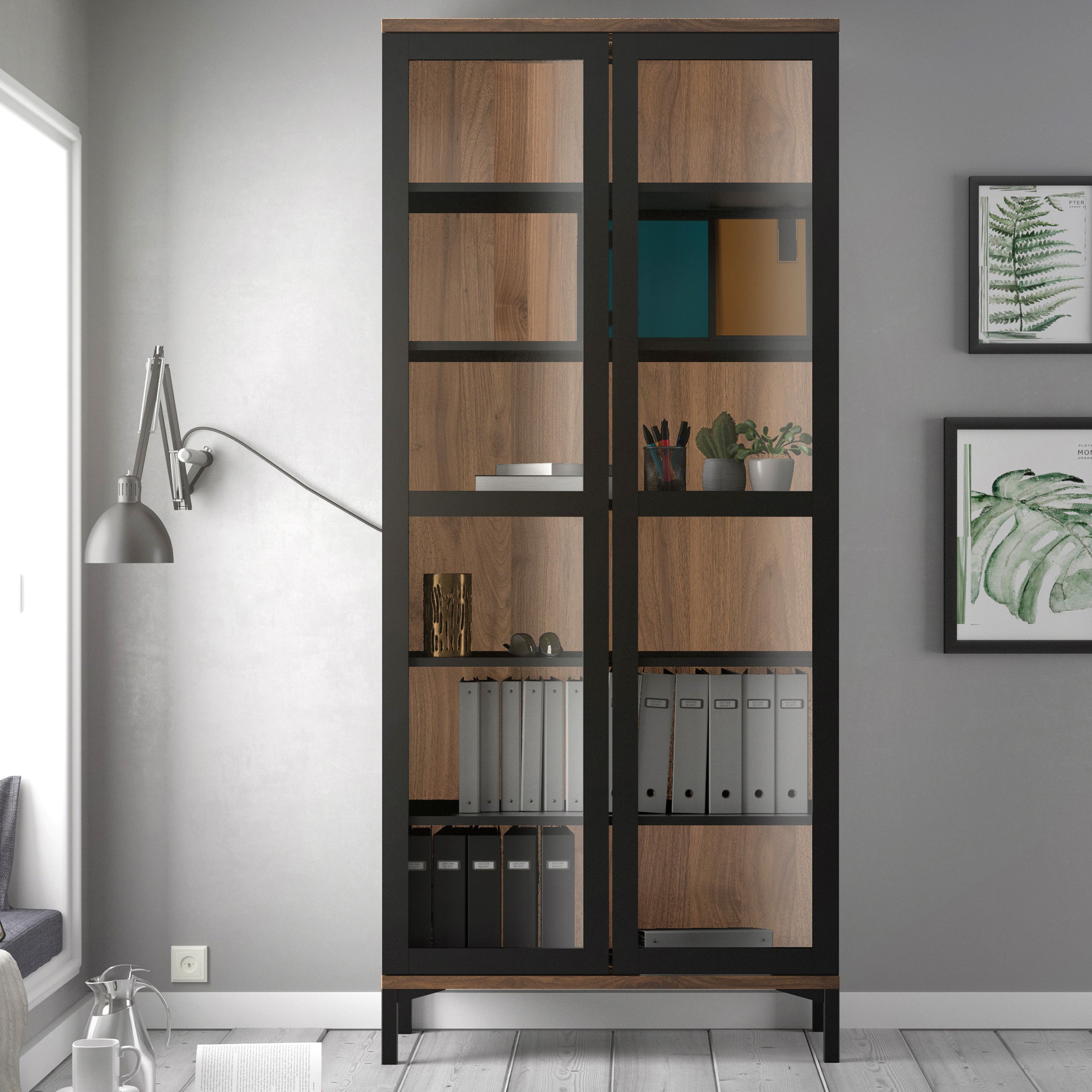 Roomers Display Cabinet Glazed 2 Doors in Black and Walnut – FTG, view 6