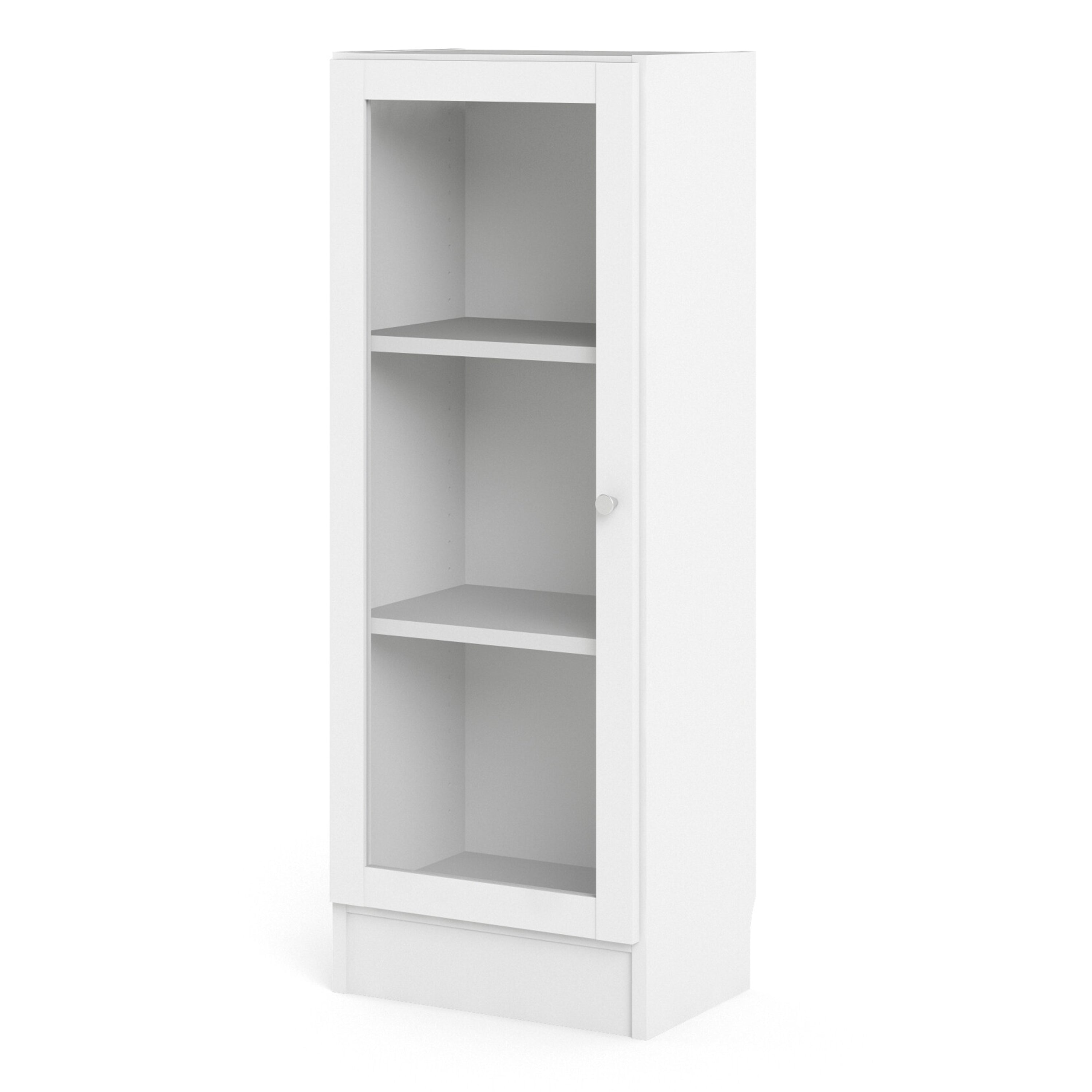 Basic Low Narrow Display Cabinet in White (2 Shelves) with Glass White Door