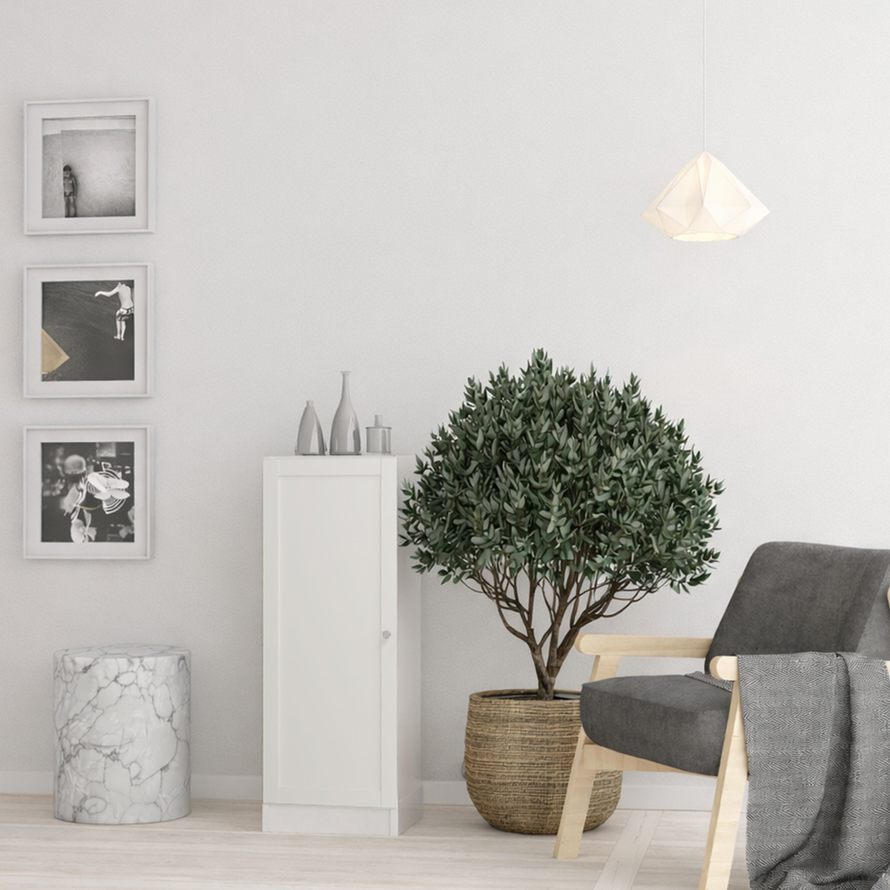 Basic Low Narrow Storage Cabinet in White (2 Shelves) with White Door