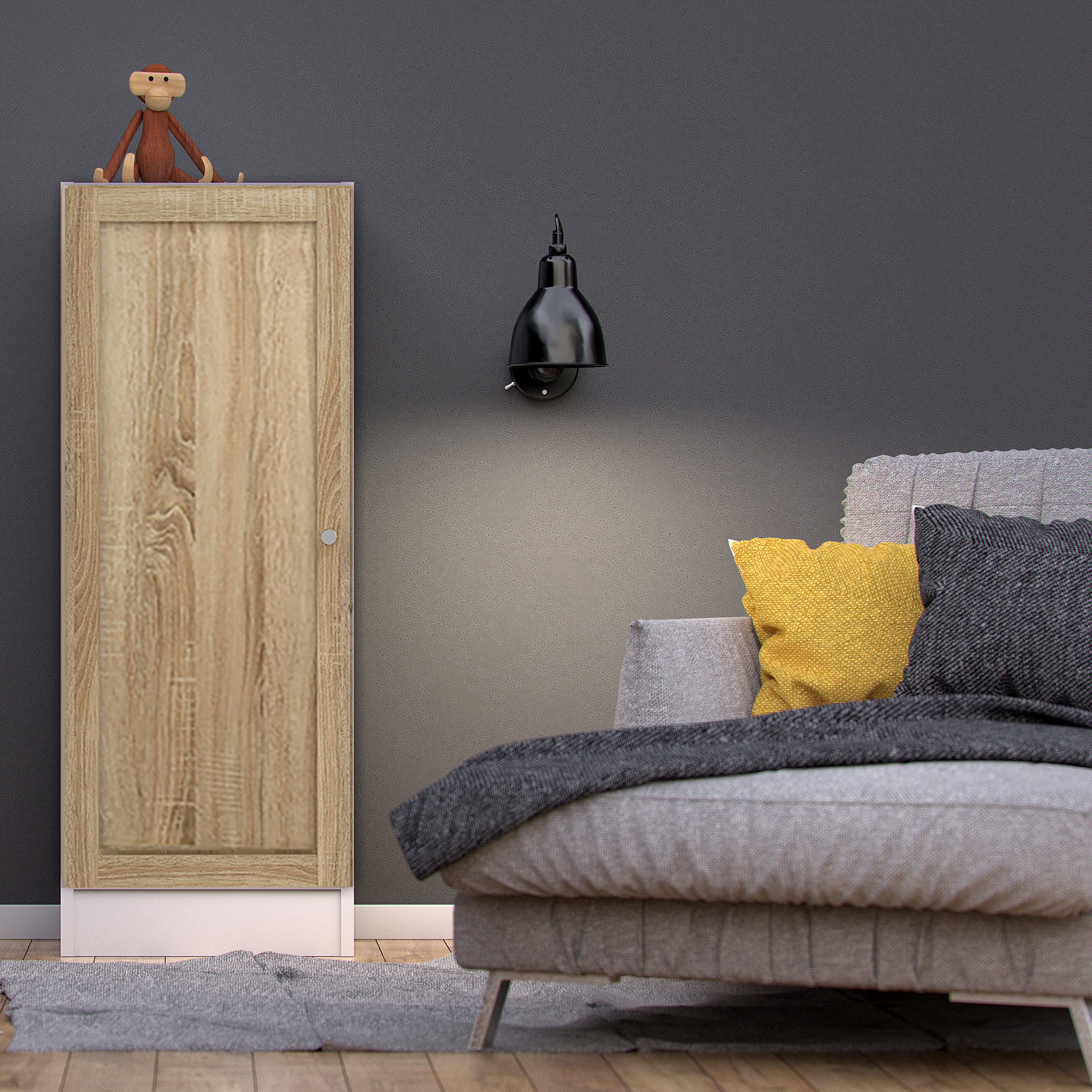 Basic Low Narrow Storage Cabinet in White (2 Shelves) with Oak Door