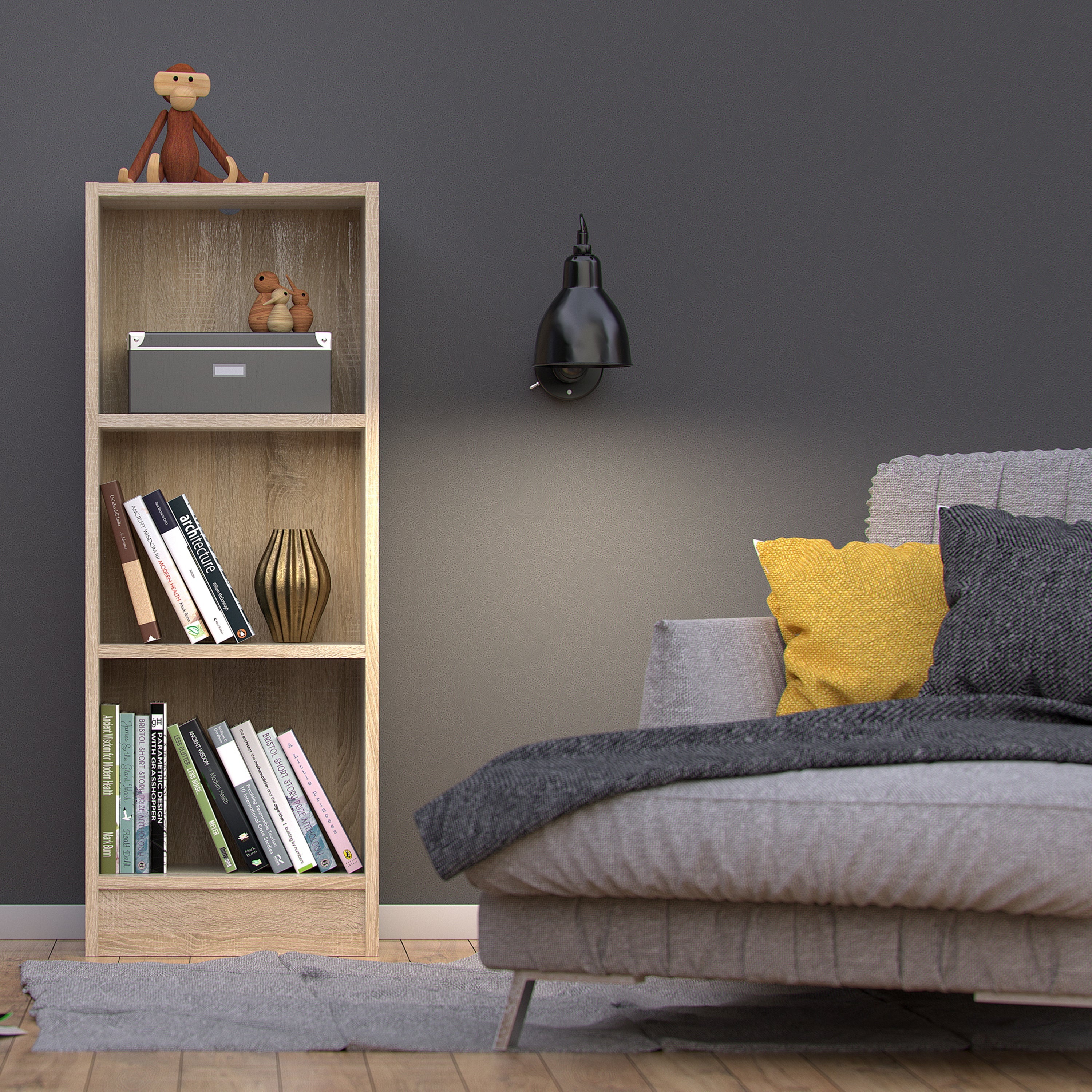 Basic Low Narrow Bookcase (2 Shelves) in Oak – FTG, view 5