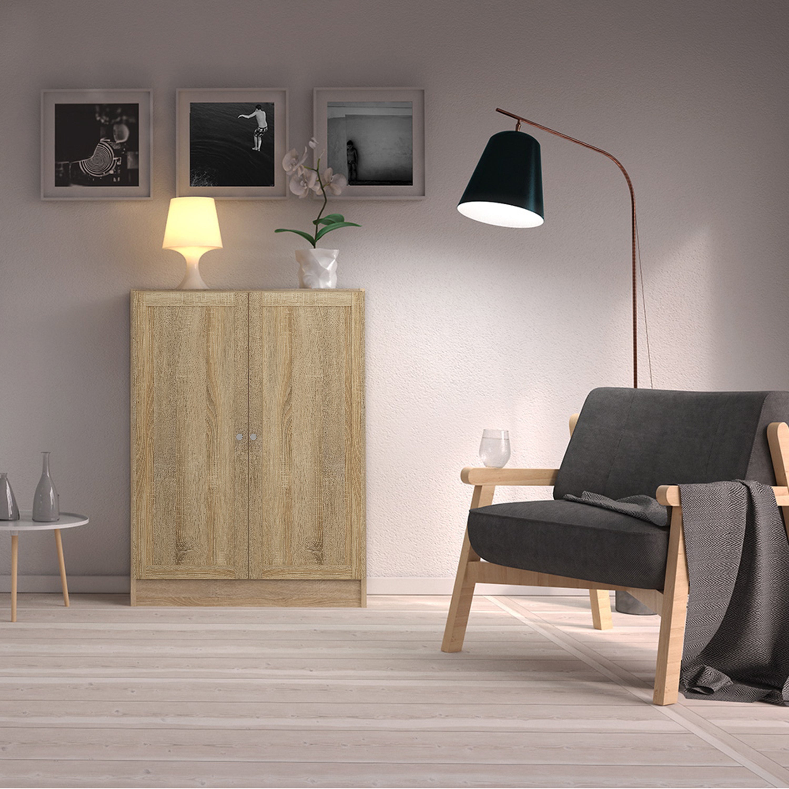 Basic Low Narrow Storage Cabinet in Oak (2 Shelves) with Oak Door