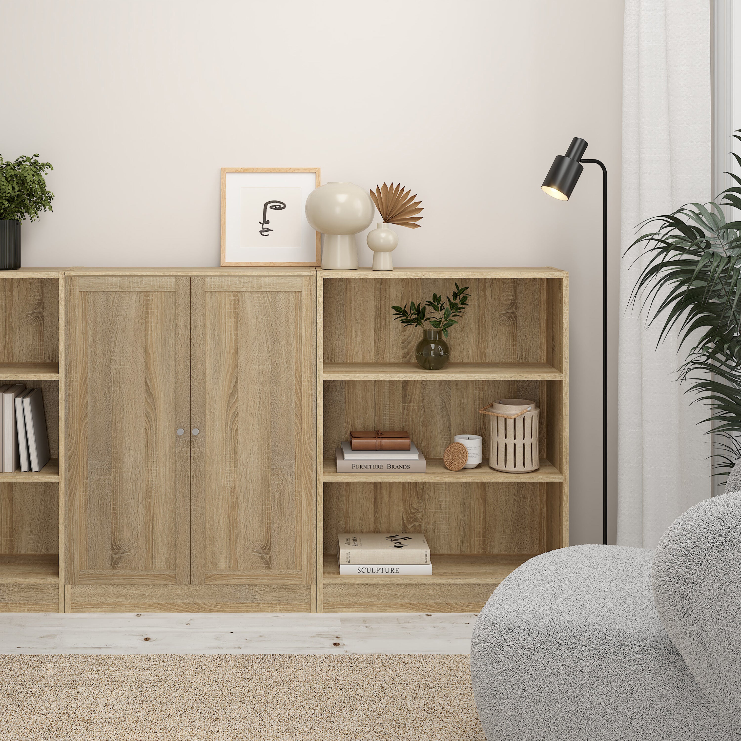 Basic Low Narrow Storage Cabinet in Oak (2 Shelves) with Oak Door