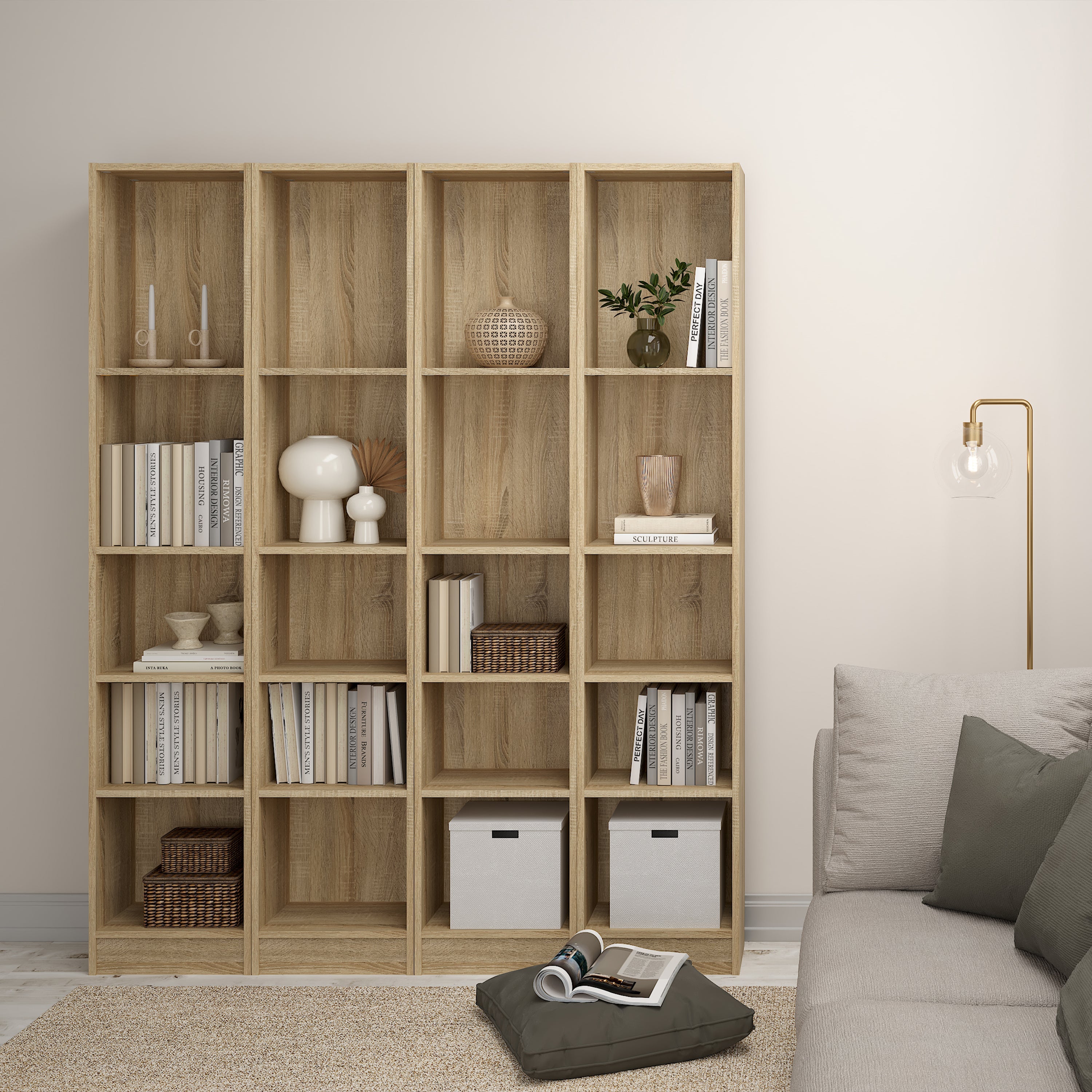 Basic Tall Narrow Bookcase (4 Shelves) in Oak – FTG, view 4