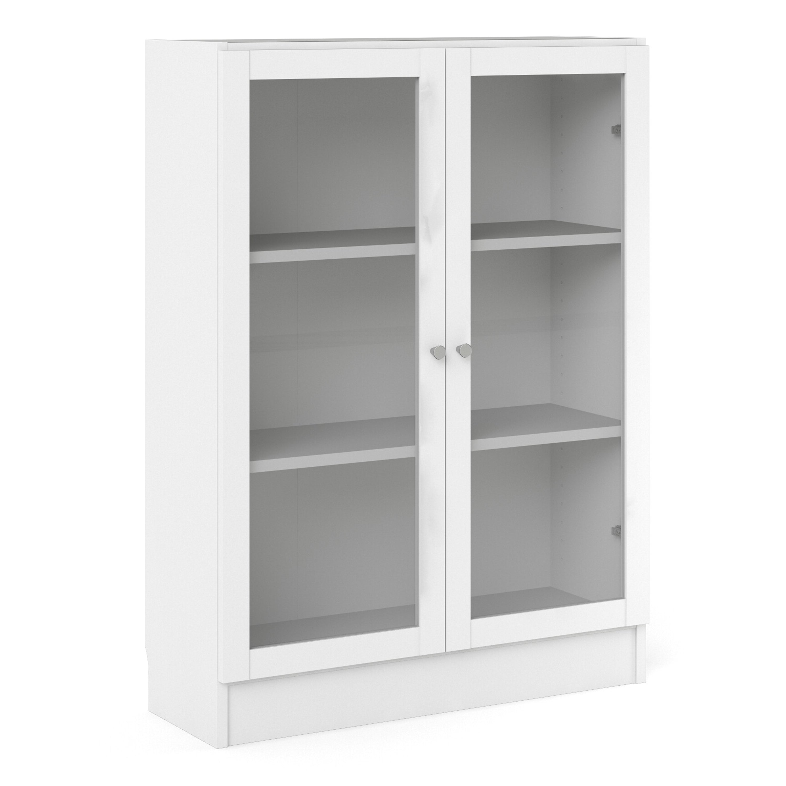 Basic Low Wide Display Cabinet in White (2 Shelves) with 2 Glass Doors in White