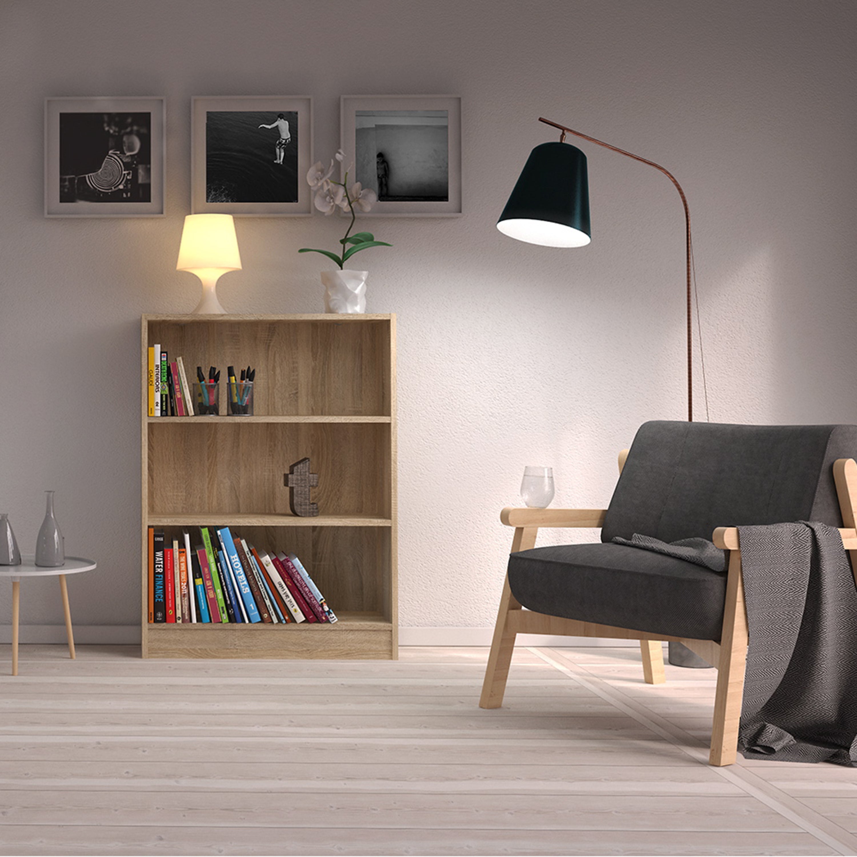 Basic Low Wide Bookcase (2 Shelves) in Oak – FTG, view 5